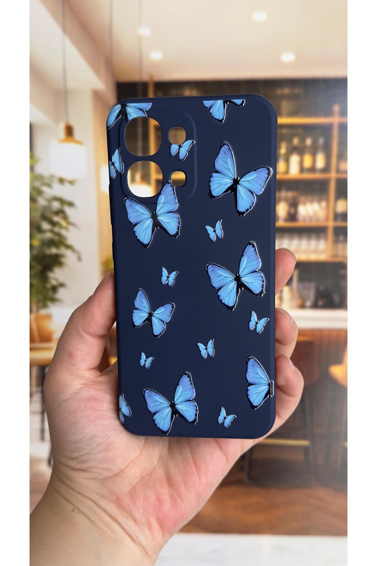 Oppo A6 Pro Uyumlu Mavi Kelebek Desenli Silikon Darbe Emici Klasik Korumalı Rubber Kılıf