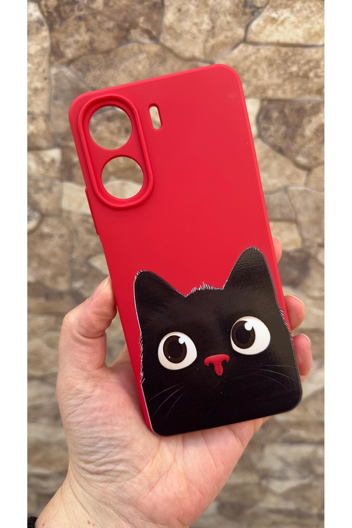 REDMİ 13C Uyumlu Sevimli Siyah Kedi Desenli Silikon Darbe Emici Kamera Korumalı RUBBER Kılıf