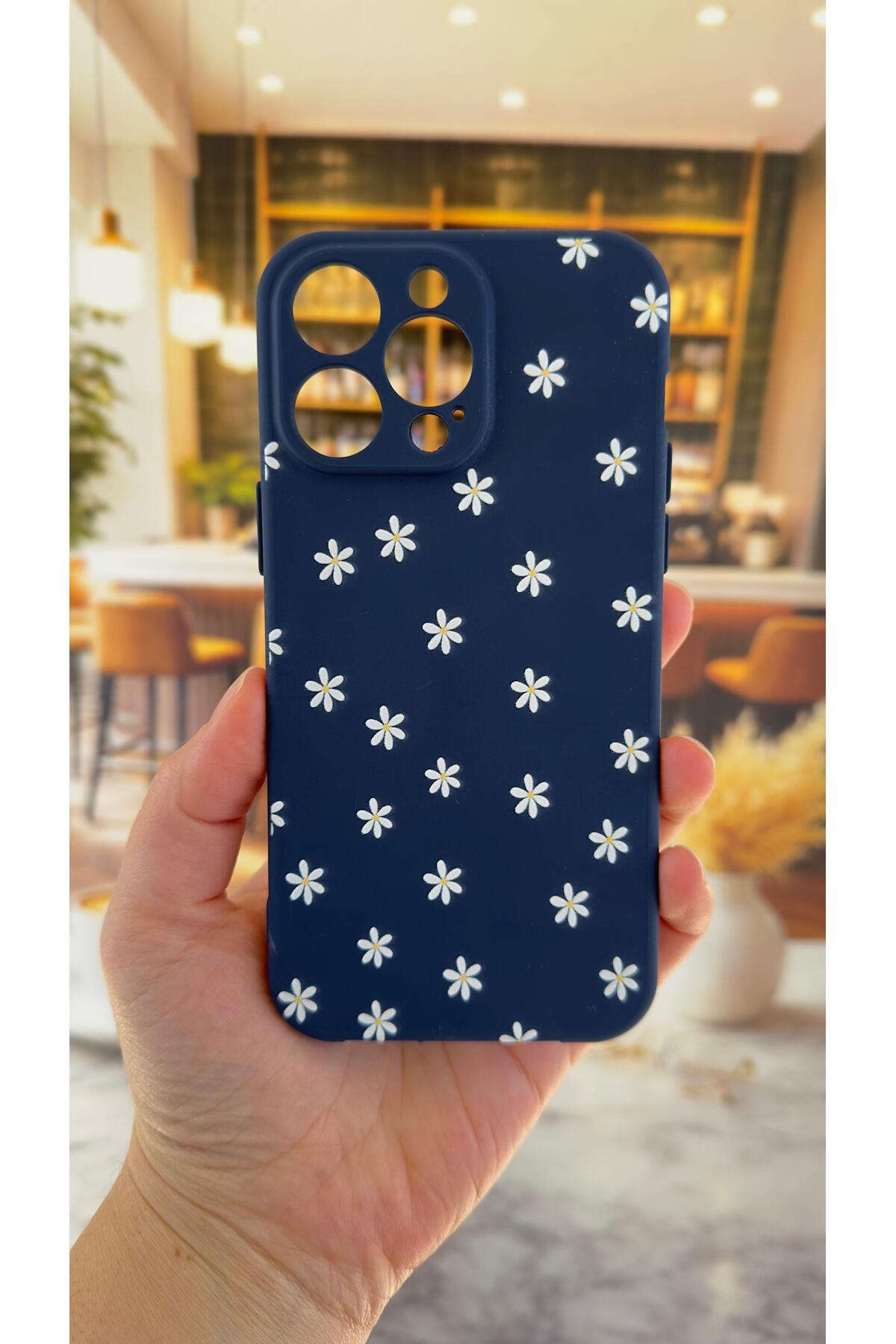 iPhone 14 Pro Max Uyumlu Mini Papatya Desenli Silikon Darbe Emici Klasik Korumalı Rubber Kılıf