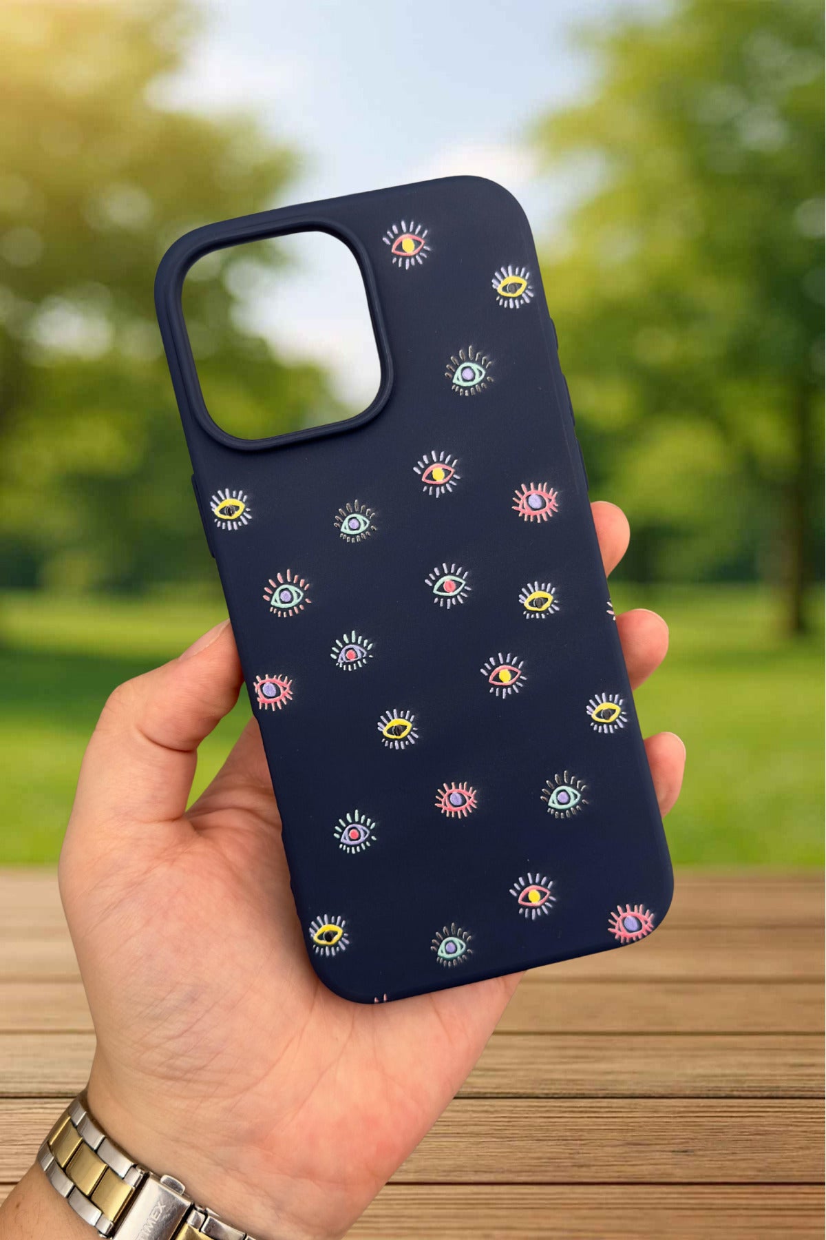iPhone 14 Plus/15 Plus Uyumlu MİNİ EVIL EYE DESENLİ Darbeye Dayanıklı Klasik Silikon Rubber Kılıf