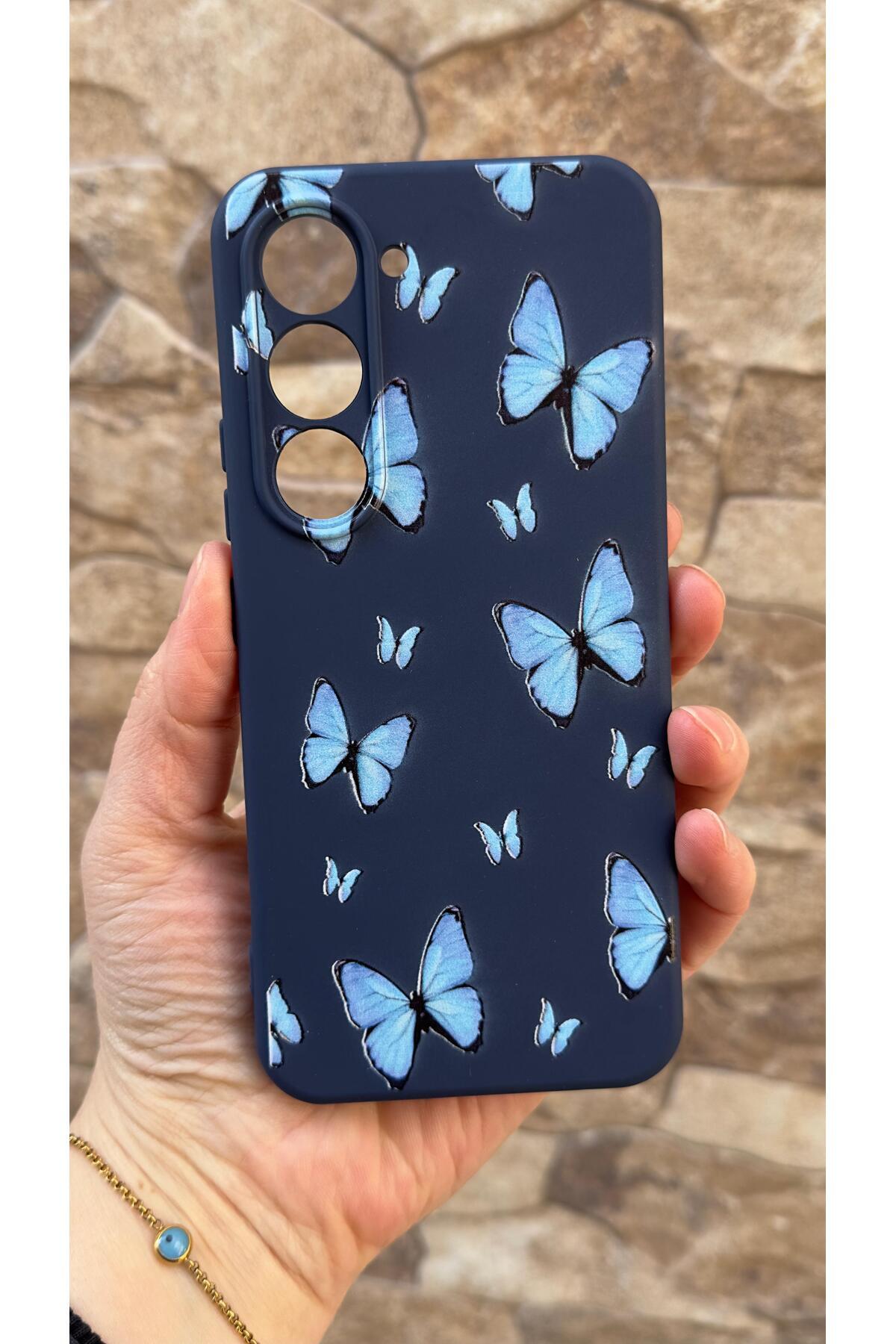 Tecno Spark 40 Pro Uyumlu Mavi Kelebek Desenli Silikon Darbe Emici Klasik Korumalı Rubber Kılıf