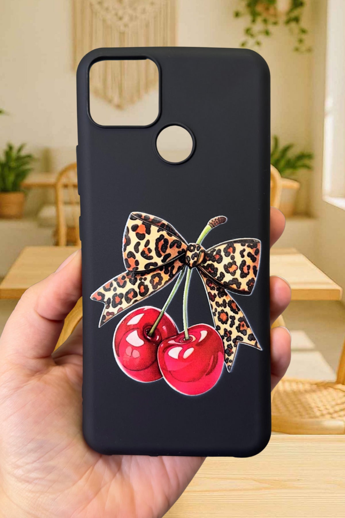 REALME C25S Uyumlu Kiraz Leopar Fiyonk Desenli Silikon Darbe Emici Klasik Korumalı Rubber Kılıf