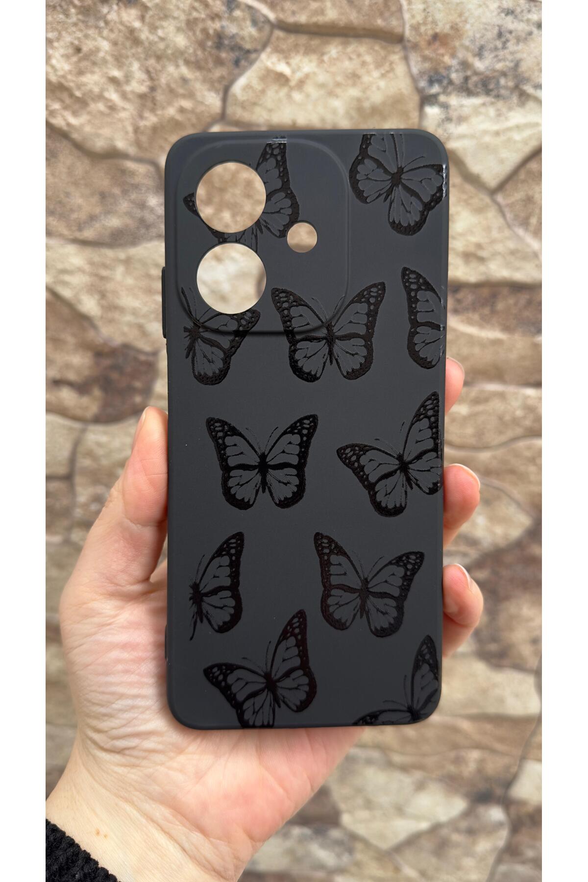 Oppo A3 Uyumlu Siyah Kelebek Desenli Silikon Darbe Emici Klasik Korumalı Rubber Kılıf