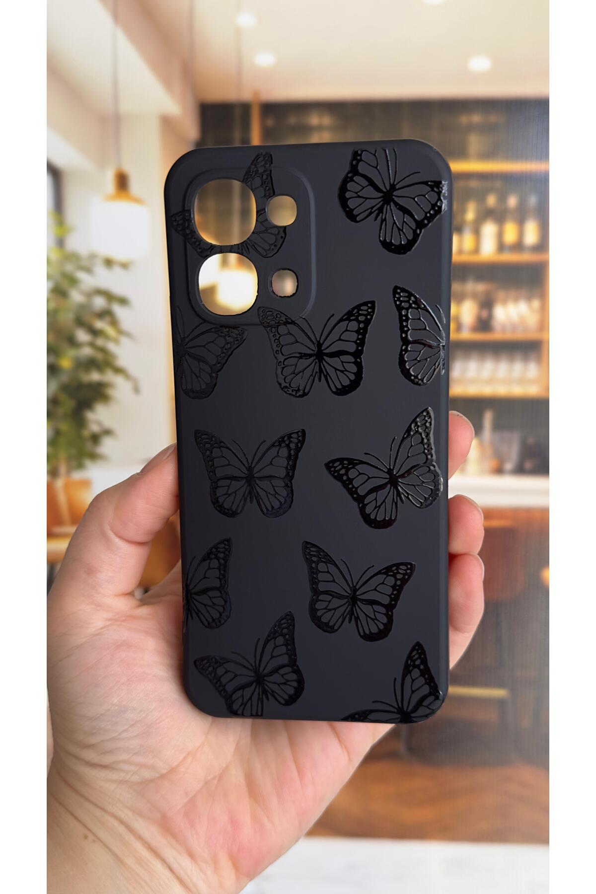 Oppo A6 Pro Uyumlu Siyah Kelebek Desenli Silikon Darbe Emici Klasik Korumalı Rubber Kılıf