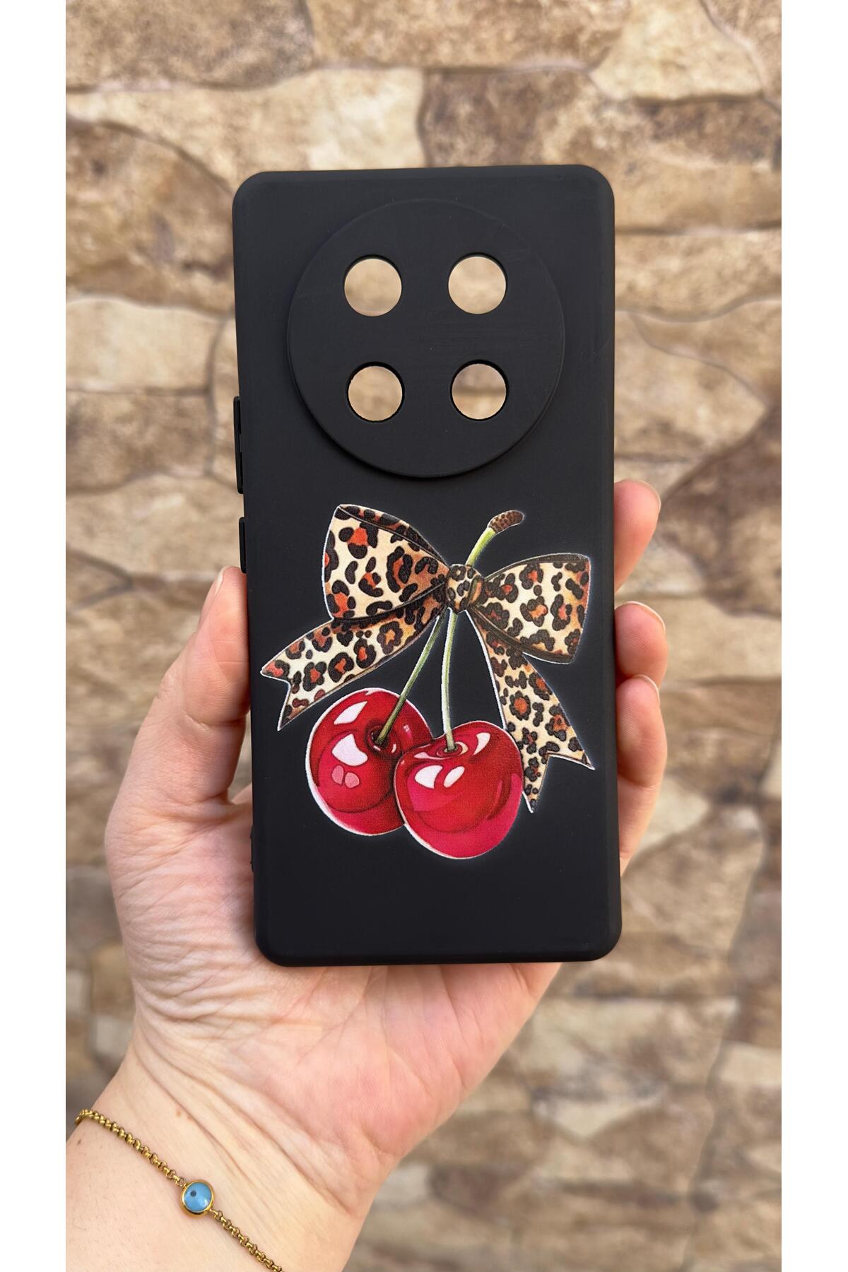Honor Magic 7 Lite 5G Uyumlu Kiraz Fiyonk Leopar Desenli Silikon Darbe Emici Klasik Korumalı Kılıf
