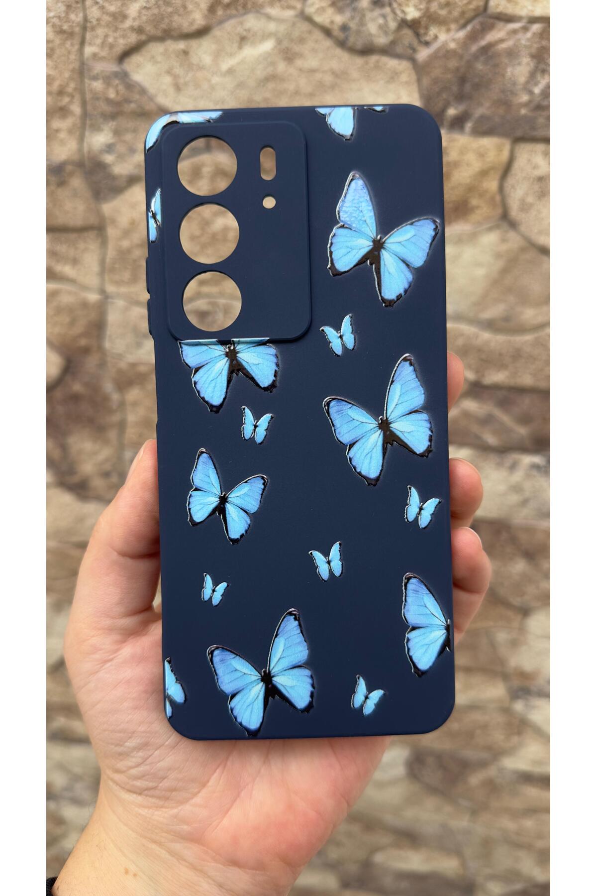 Realme C75 Uyumlu Mavi Kelebek Desenli Silikon Darbe Emici Klasik Korumalı Rubber Kılıf