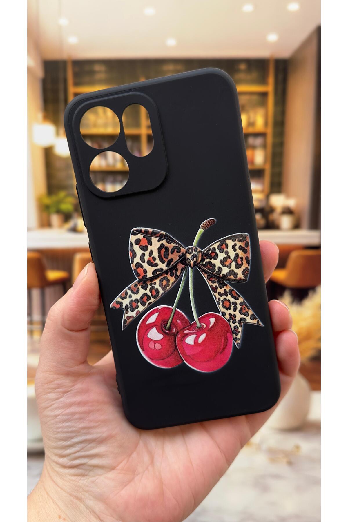 OPPO RENO 14F Uyumlu Kiraz Leopar Fiyonk Desenli Silikon Darbe Emici Klasik Korumalı Rubber Kılıf