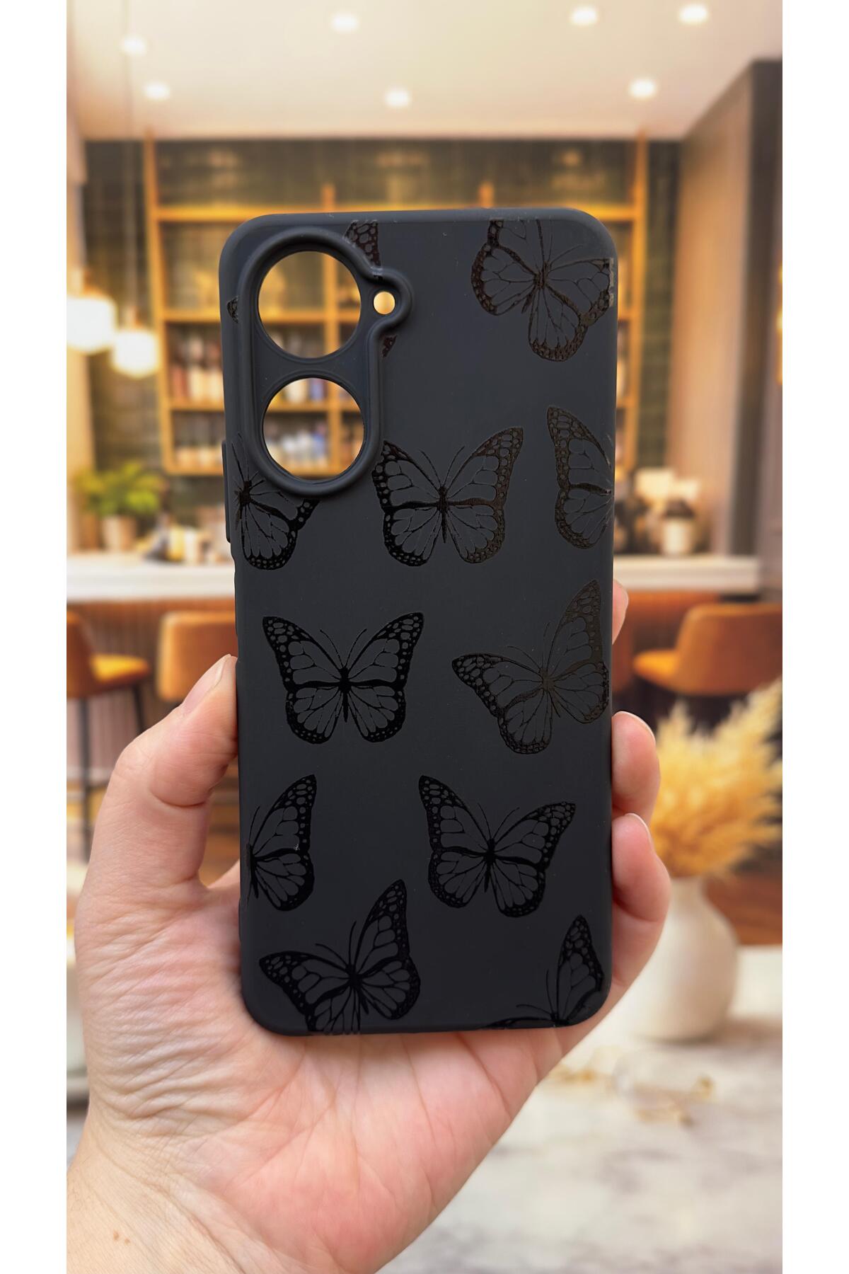 Realme 10 Uyumlu Siyah Kelebek Desenli Silikon Darbe Emici Klasik Korumalı Rubber Kılıf