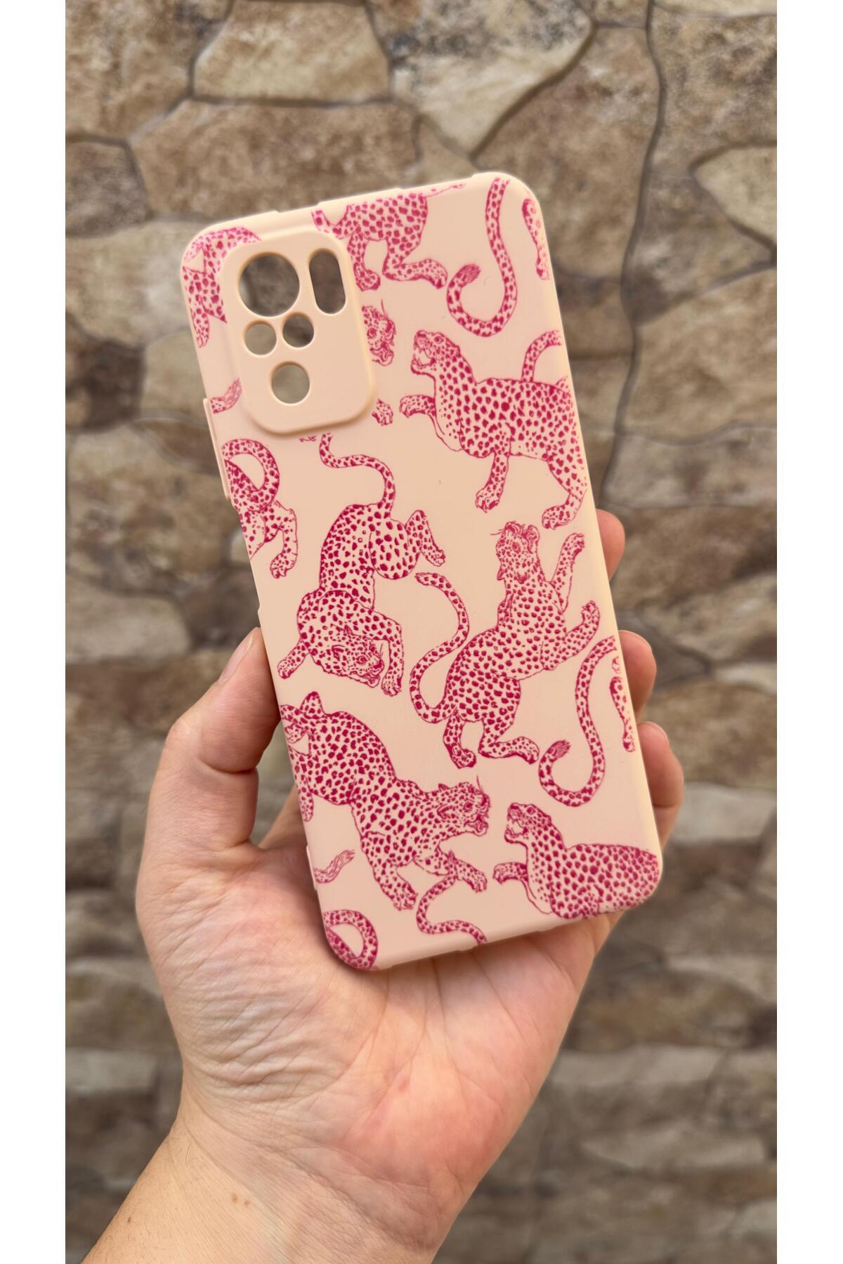 Xiaomi Redmi Note 10 ve 10S Uyumlu Pembe Leopar Desenli Silikon Darbe Emici Klasik Rubber Kılıf