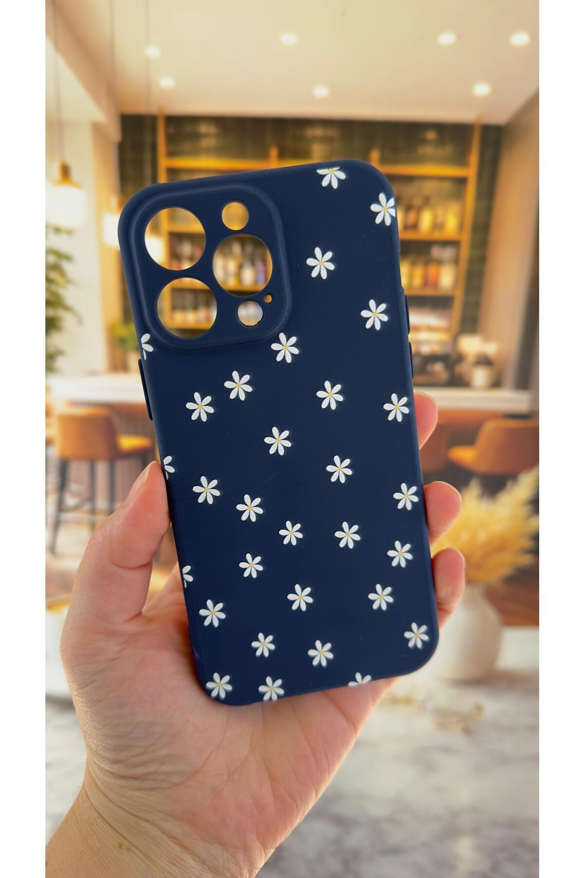 iPhone 13 Pro Max Uyumlu Mini Papatya Desenli Silikon Darbe Emici Klasik Korumalı Rubber Kılıf