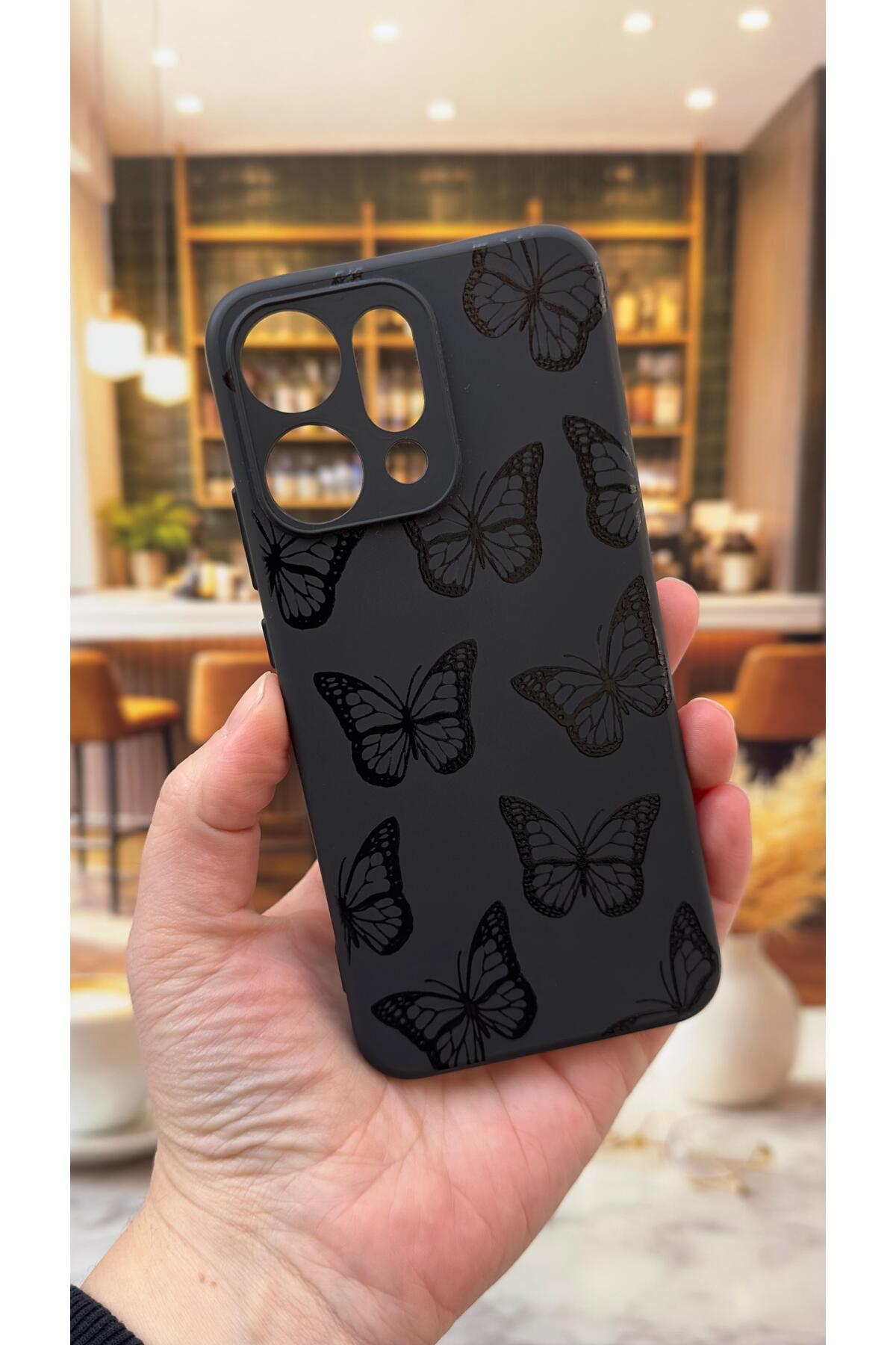 OPPO RENO 14 Uyumlu Siyah Kelebek Desenli Silikon Darbe Emici Klasik Korumalı Rubber Kılıf