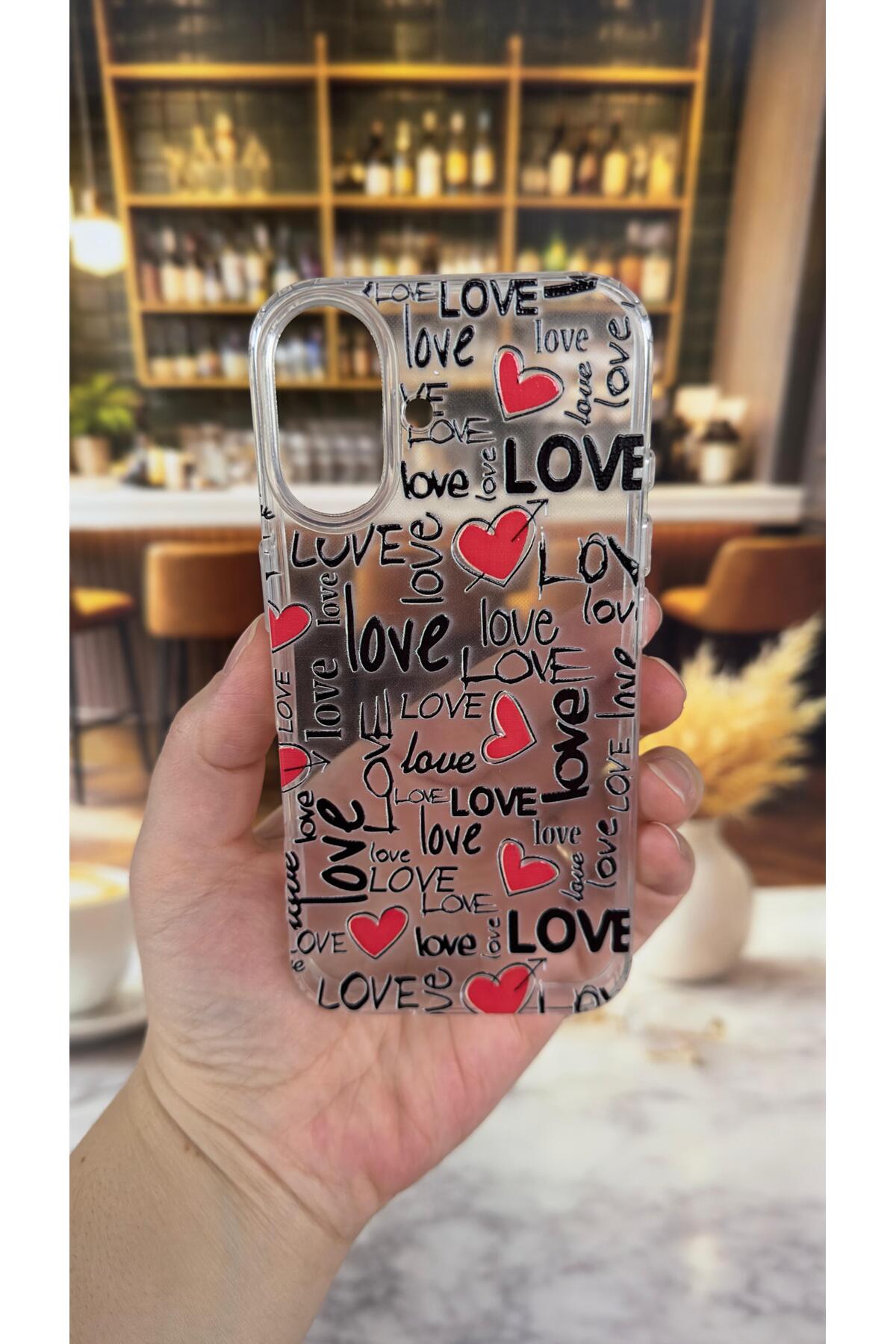 Iphone 16 Plus Uyumlu Love Yazı Desenli Şeffaf Darbe Emici Kamera Korumalı Clear Kılıf