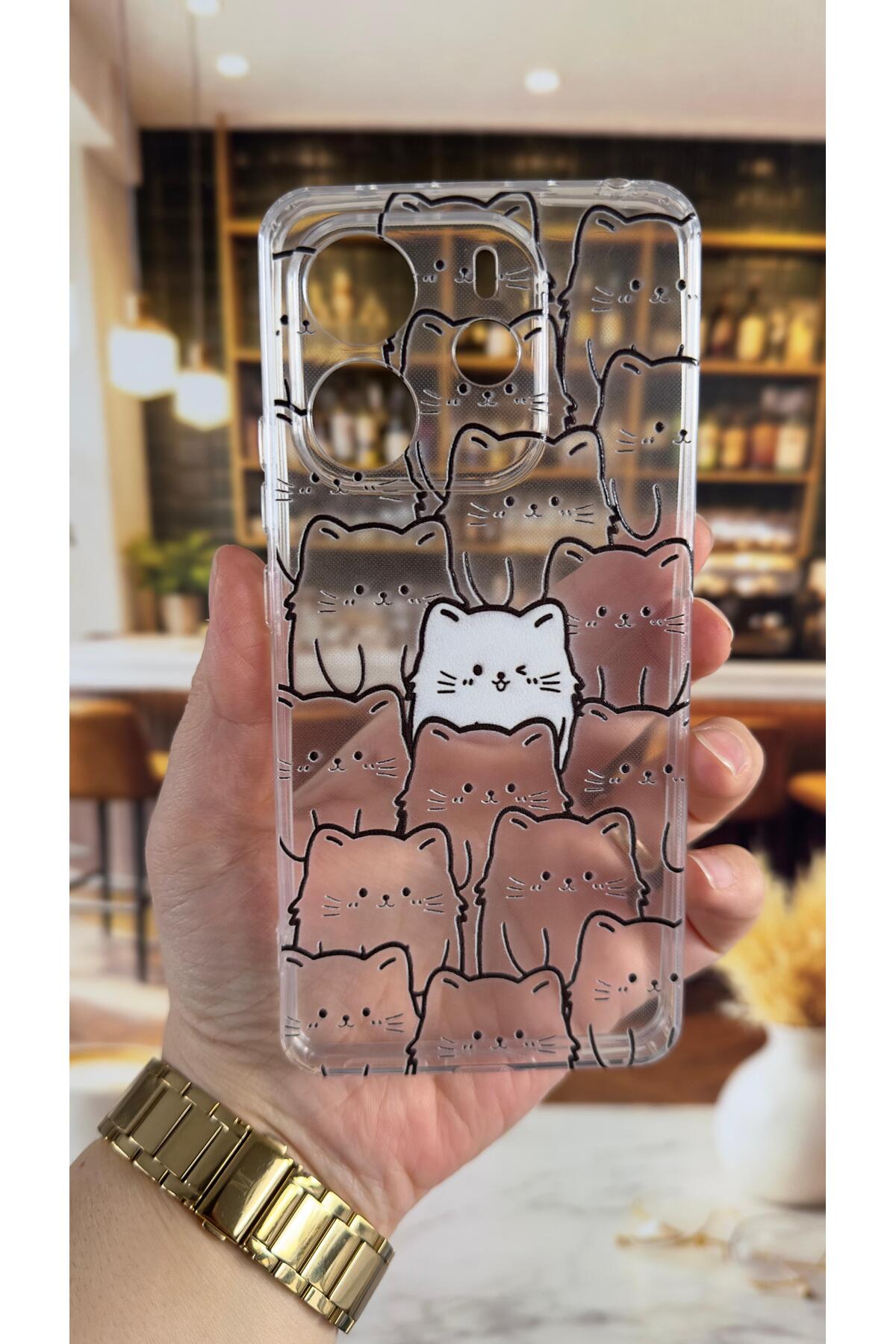 Redmi Note 14 Uyumlu Manycat Desenli Şeffaf Darbe Emici Kamera Korumalı Clear Kılıf