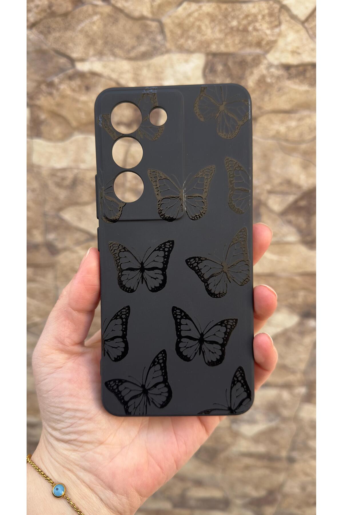 Vivo V30 Lite Uyumlu Siyah Kelebek Desenli Silikon Darbe Emici Klasik Korumalı Rubber Kılıf