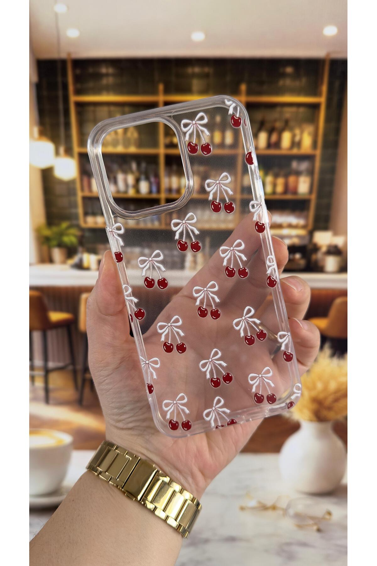 Iphone 15 Pro Max Uyumlu Kiraz Desenli Şeffaf Darbe Emici Kamera Korumalı Clear Kılıf