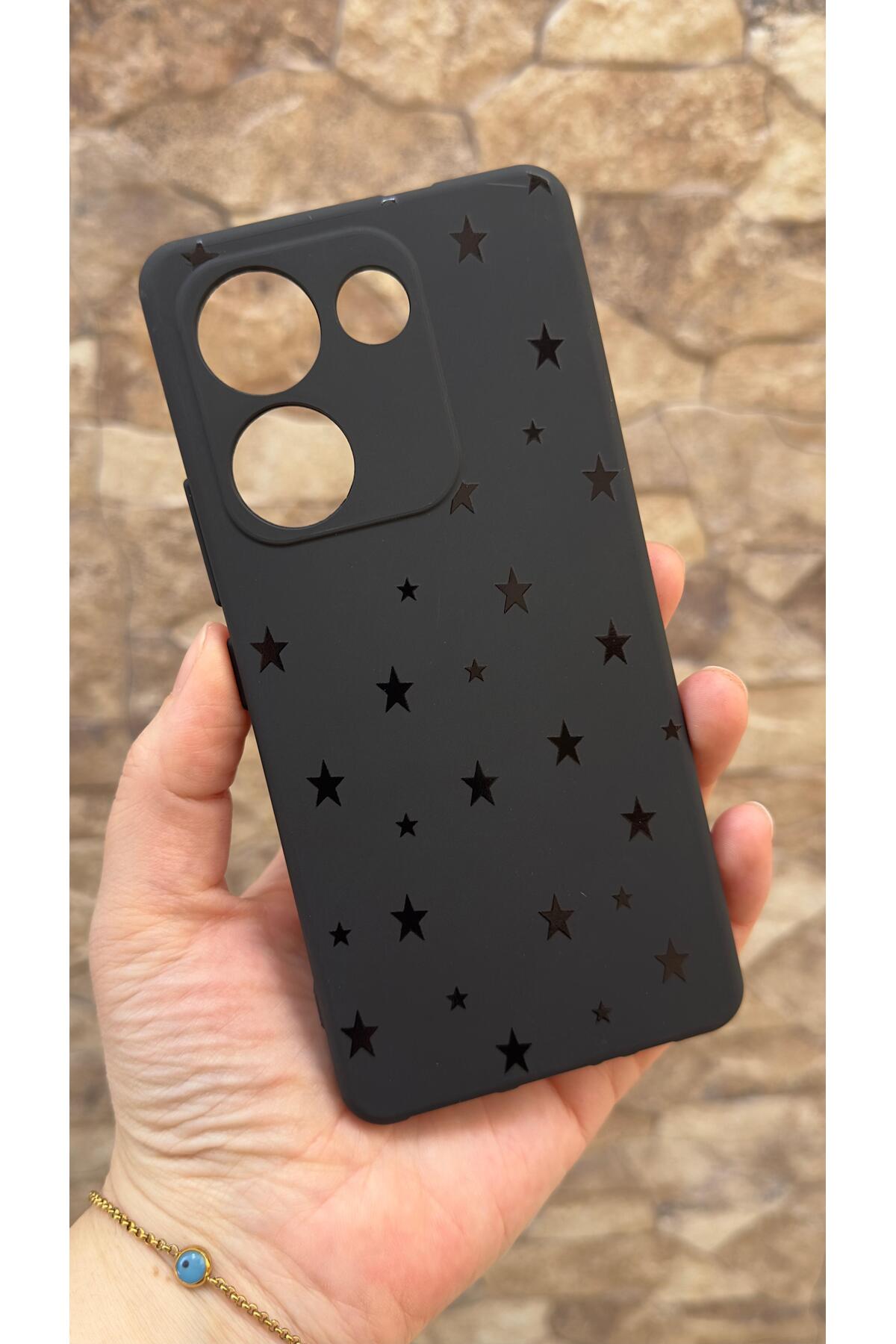 TECNO CAMON 20 PRO Uyumlu Mini Siyah Yıldız Desenli Silikon Darbe Emici Klasik Korumalı Rubber Kılıf