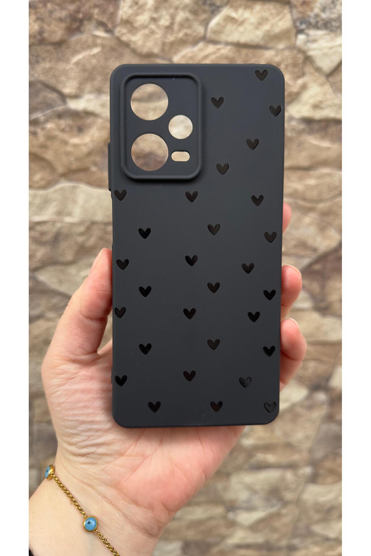 Redmi Note 12 Pro 5G Uyumlu Mini Siyah Kalp Desenli Silikon Darbe Emici Klasik Korumalı Rubber Kılıf