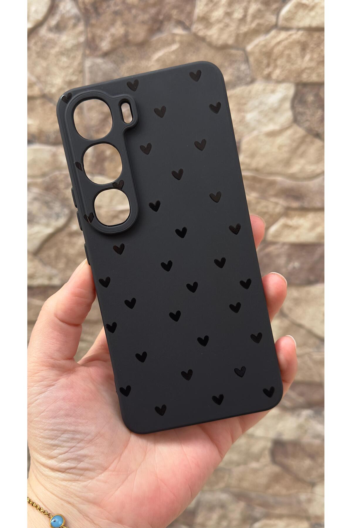 Vivo V40 Lite 5G Uyumlu Mini Siyah Kalp Desenli Silikon Darbe Emici Klasik Korumalı Rubber Kılıf