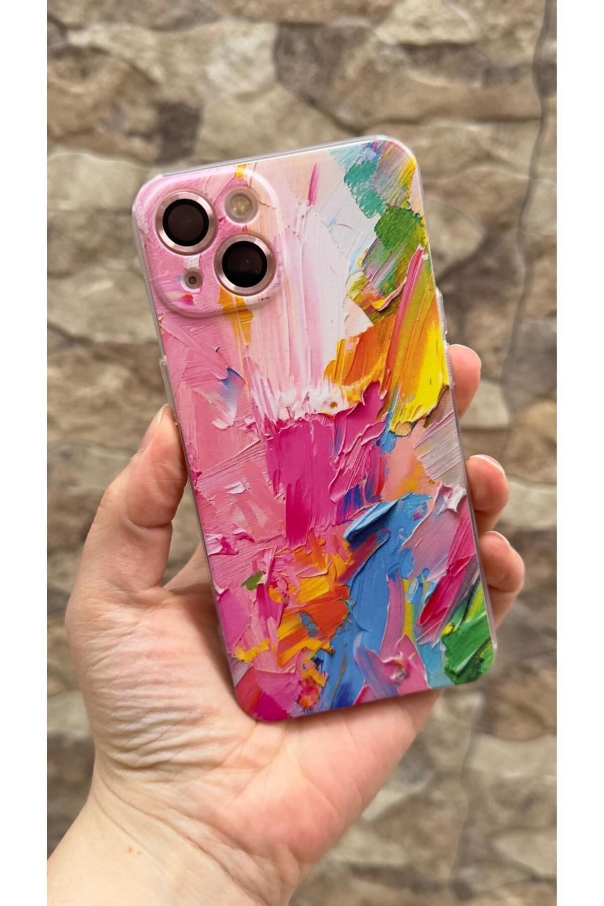 iPhone 13 Uyumlu Renkli Soyut Desenli Şeffaf Darbe Emici Kamera Korumalı Clear Kılıf