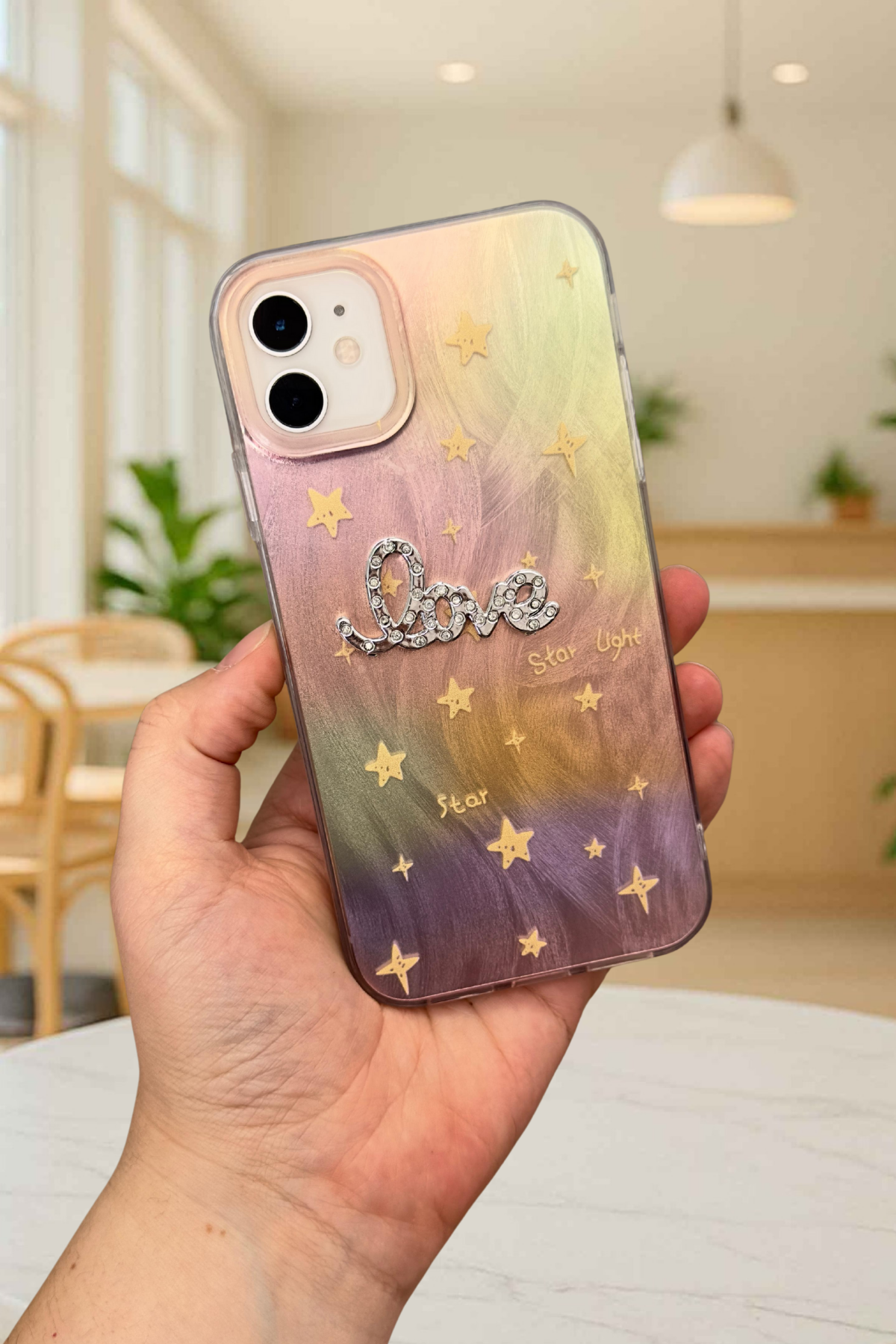 iPhone 12 ve 12 Pro Parlak Taşlı “Love” Yazılı Yıldız Desenli Telefon Kılıfı – Pastel Renkli Star Love Kılıf