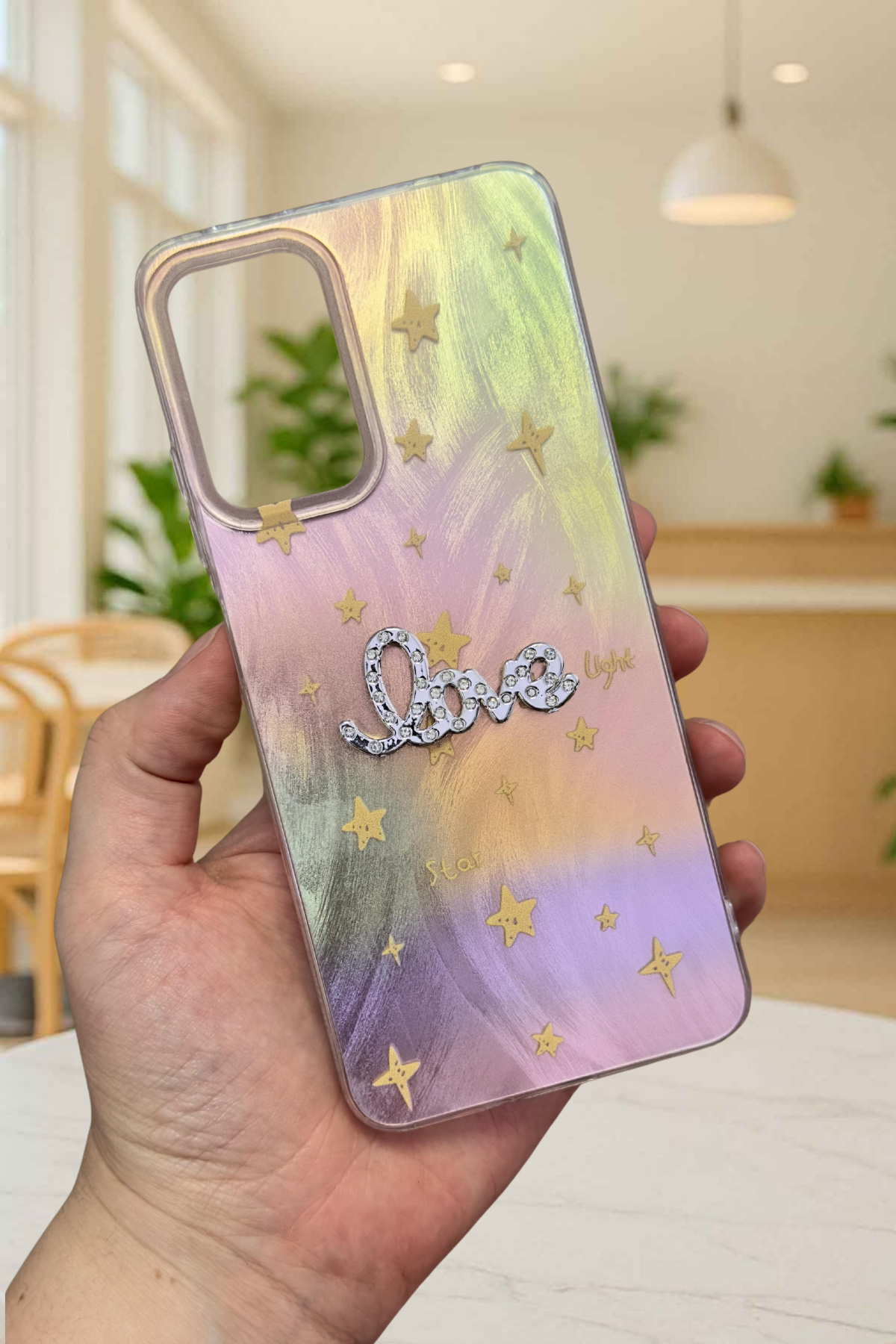 Redmi 12 Parlak Taşlı “Love” Yazılı Yıldız Desenli Telefon Kılıfı – Pastel Renkli Star Love Kılıf