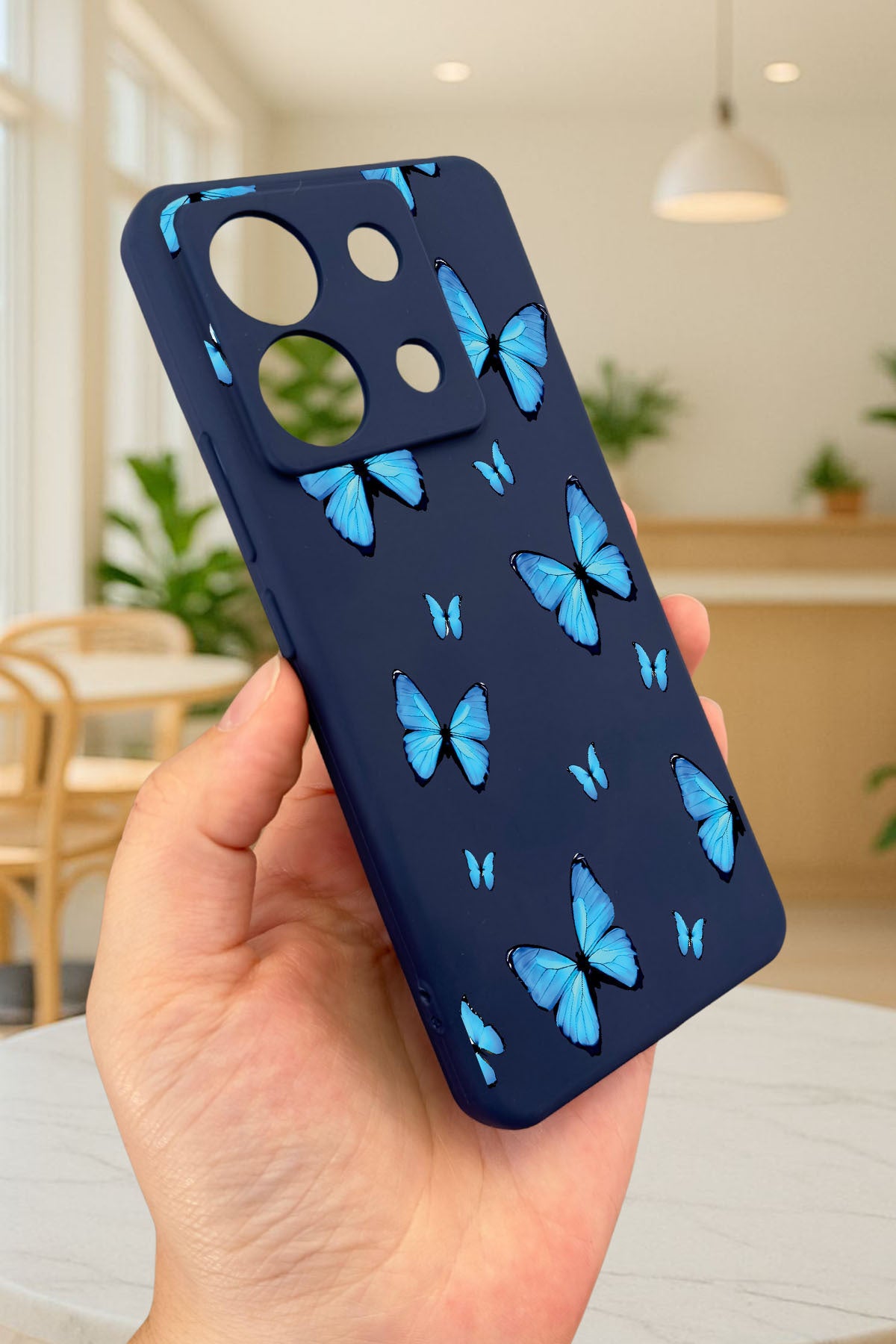 Xiaomi Redmi Note 13 Pro 5G MAVİ KELEBEK DESENLİ Silikon Darbe Emici Klasik Korumalı Rubber Kılıf