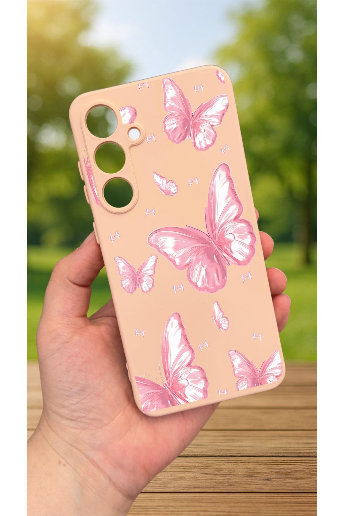 Samsung Galaxy A35 - PEMBE KELEBEK DESENLİ Silikon Darbe Emici Klasik Korumalı Rubber Kılıf