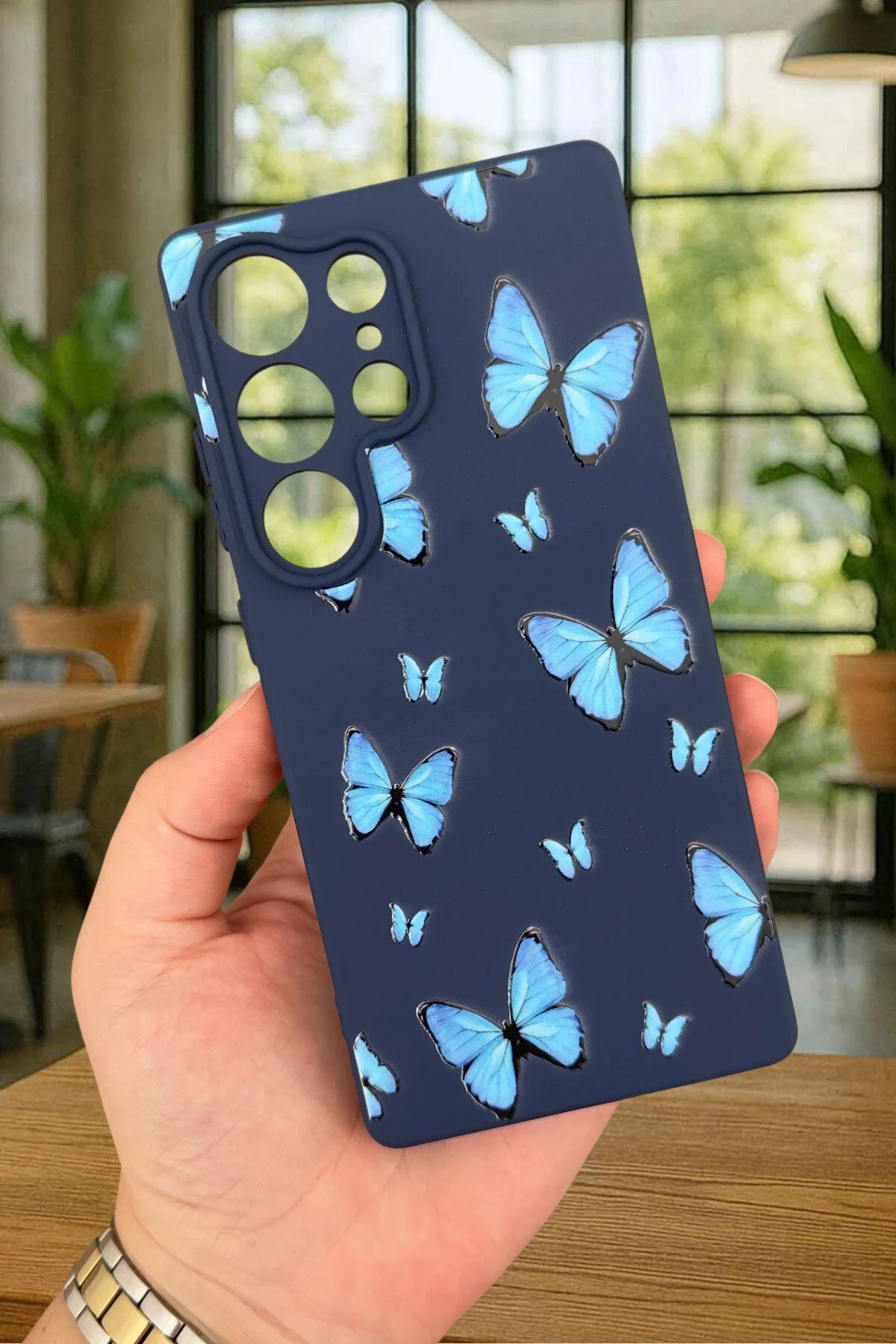 Samsung Galaxy S25 Ultra - Mavi Kelebek Desenli Silikon Darbe Emici Klasik Korumalı Rubber Kılıf