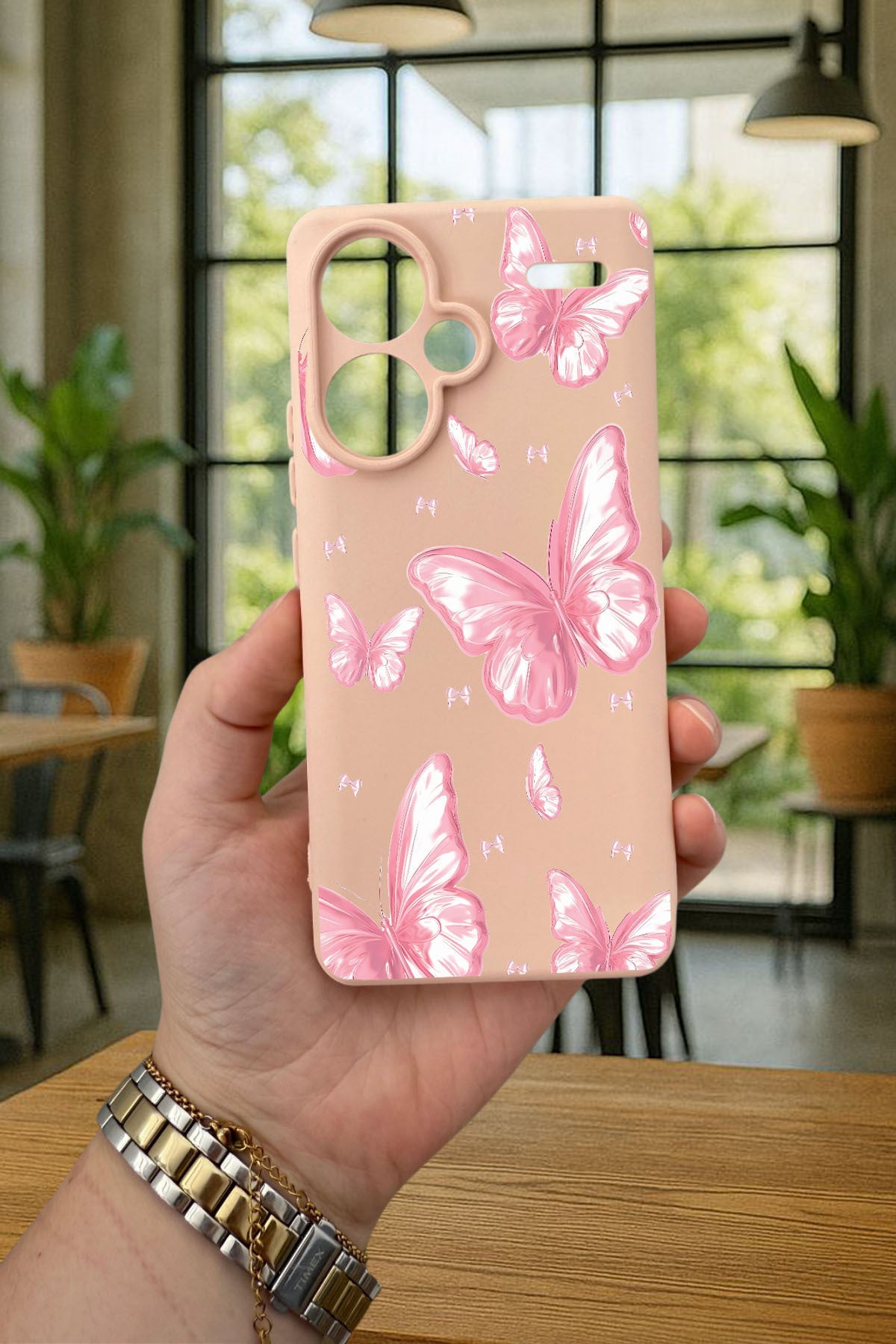 Redmi Note 13 Pro Plus PEMBE KELEBEK DESENLİ Silikon Darbe Emici Klasik Korumalı Rubber Kılıf