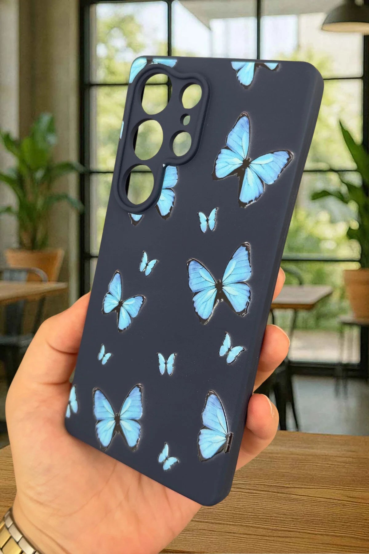 Samsung Galaxy S25 Ultra - Mavi Kelebek Desenli Silikon Darbe Emici Klasik Korumalı Rubber Kılıf