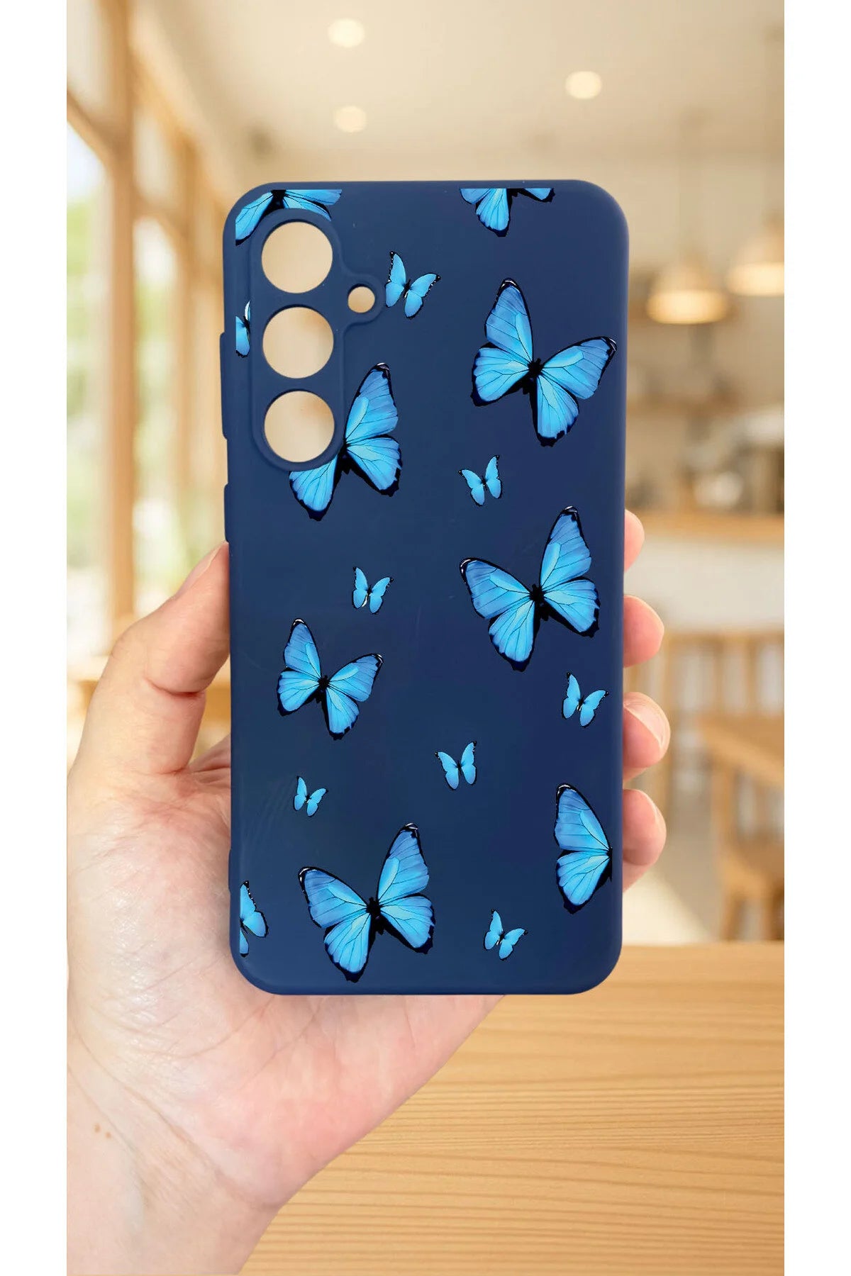 Samsung Galaxy A35 -MAVİ KELEBEK DESENLİ Silikon Darbe Emici Klasik Korumalı Rubber Kılıf