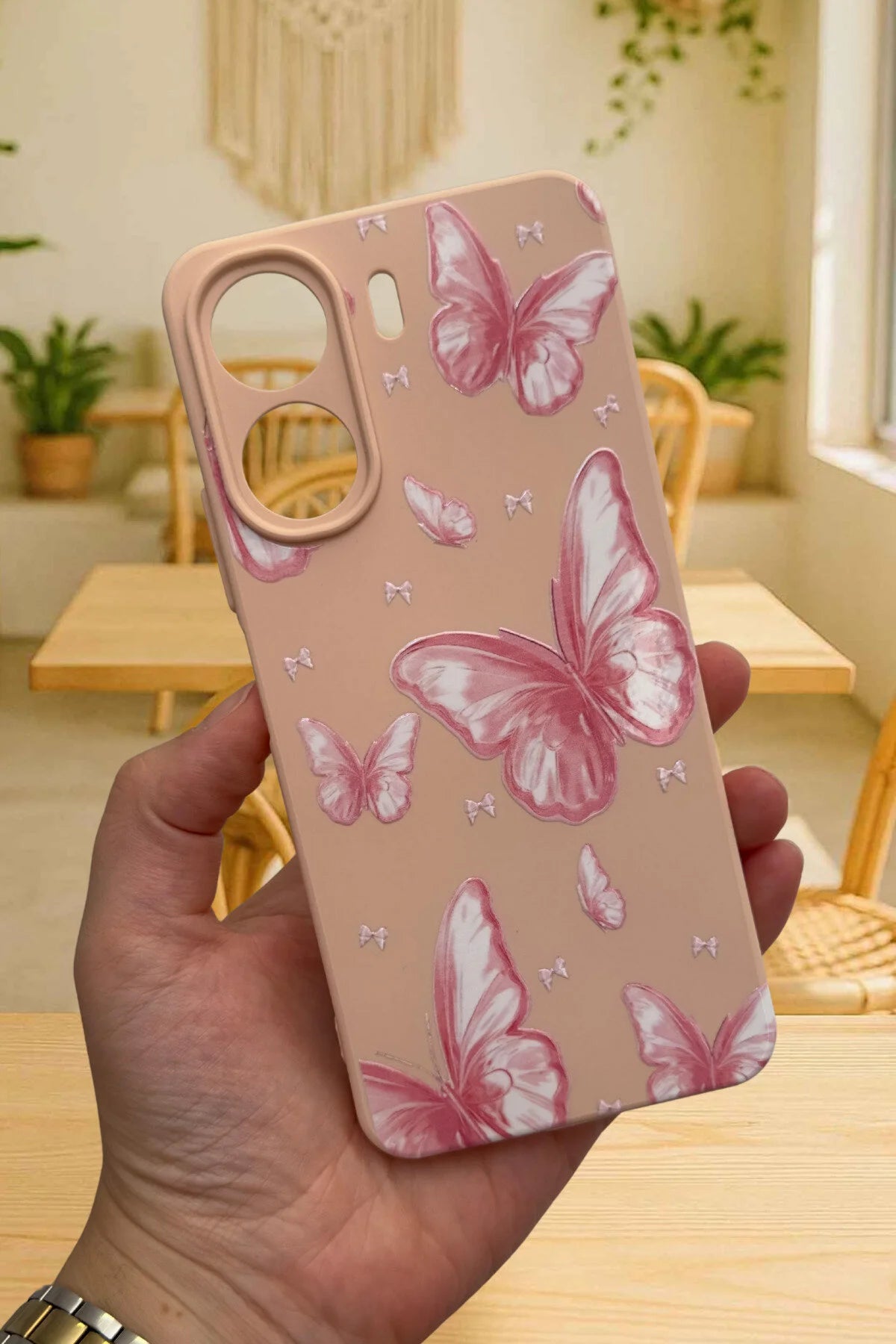 REDMİ 13C-PEMBE KELEBEK DESENLİ Lansman Kamera Korumalı Yumuşak Silikon RUBBER Kılıf