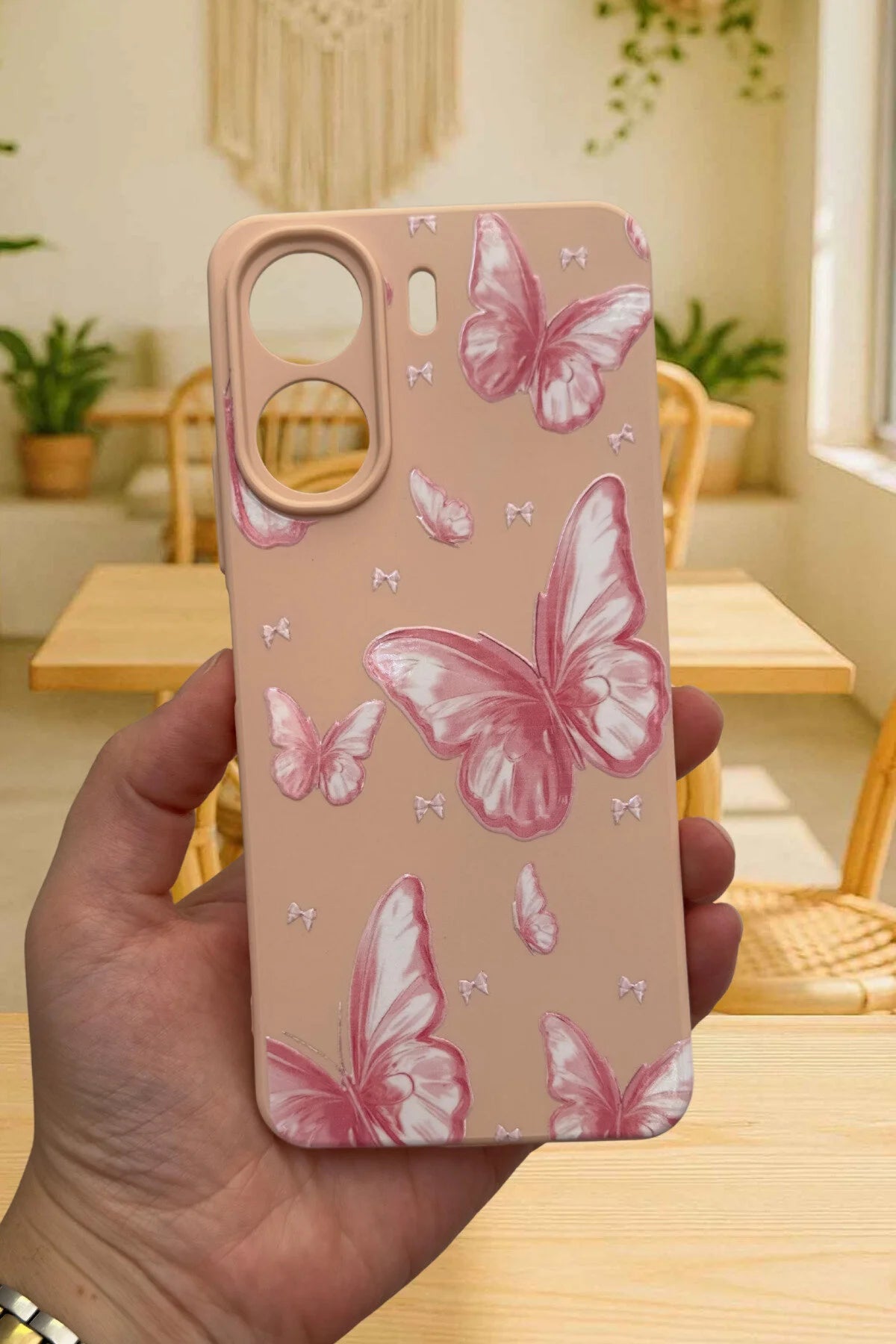 REDMİ 13C-PEMBE KELEBEK DESENLİ Lansman Kamera Korumalı Yumuşak Silikon RUBBER Kılıf