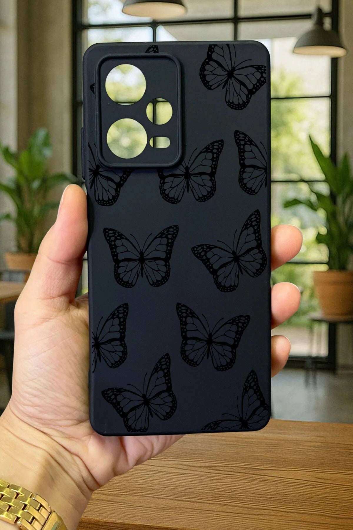 Redmi Note 12 Pro 5G SİYAH KELEBEK DESENLİ Silikon Darbe Emici Klasik Korumalı Rubber Kılıf