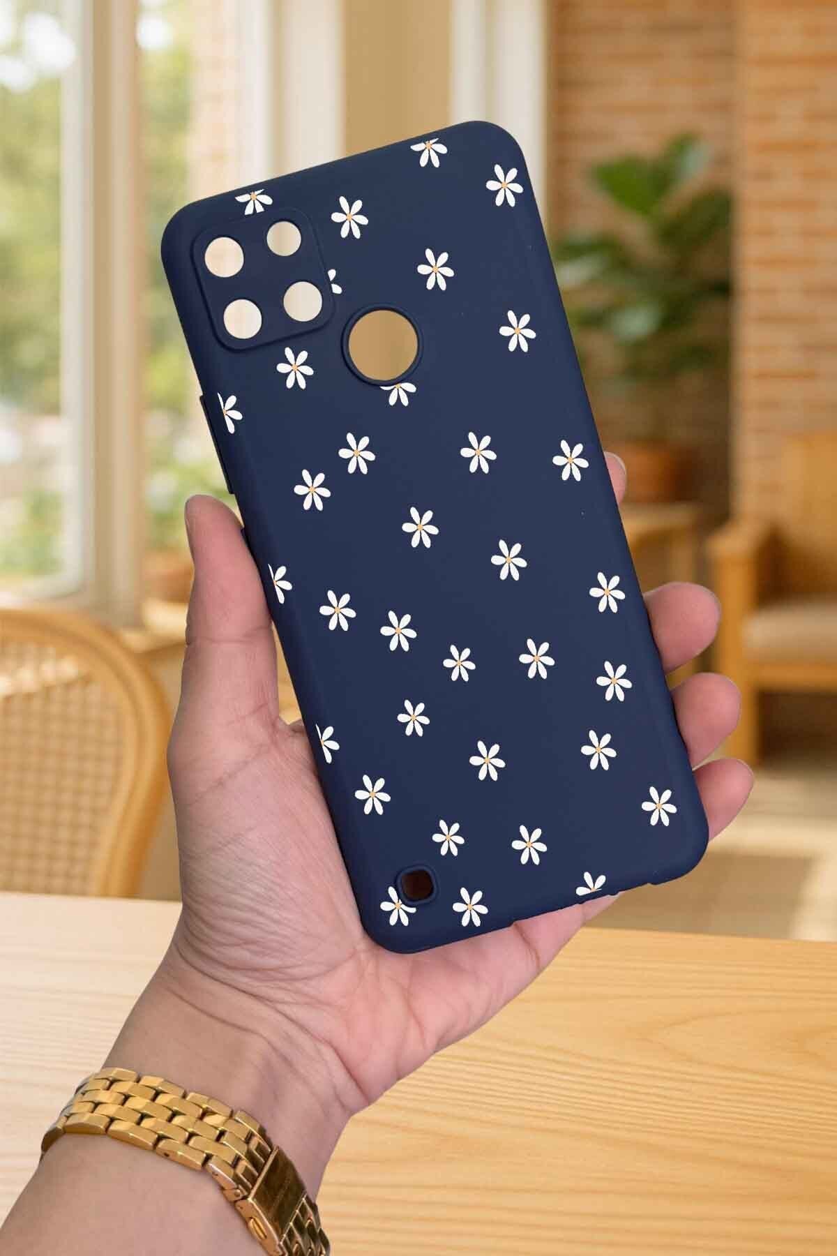 Realme C21Y Ve C25Y -MİNİ PAPATYA DESENLİ Silikon Darbe Emici Klasik Korumalı Rubber Kılıf