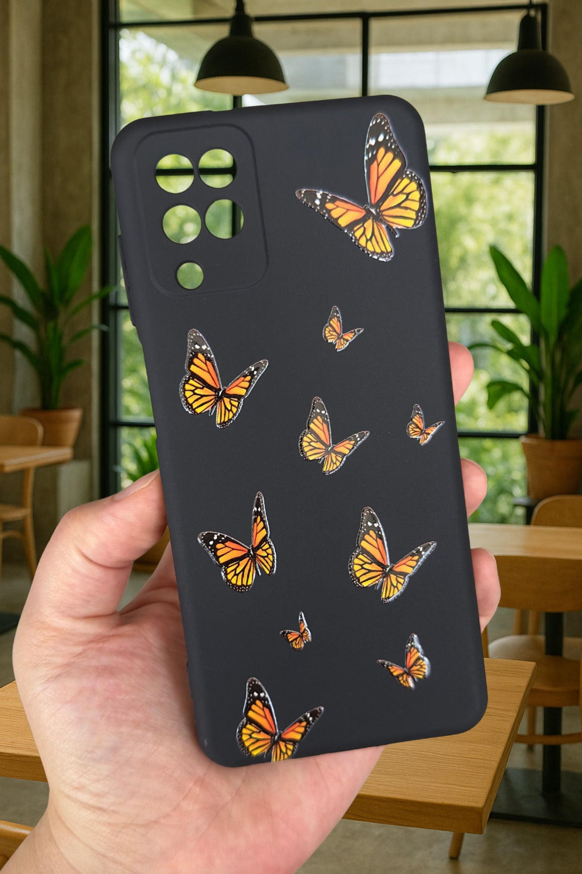 Samsung Galaxy A12 - Turuncu Kelebek Desenli Silikon Darbe Emici Klasik Korumalı Rubber Kılıf