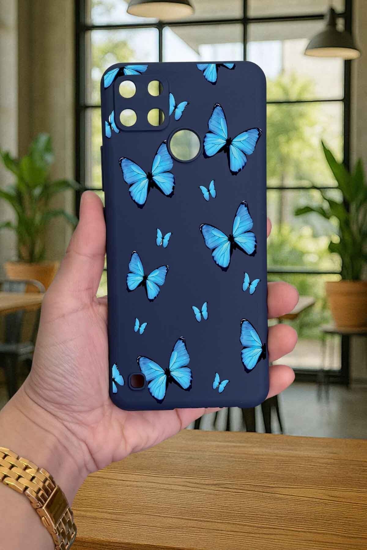 Realme C21Y Ve C25Y - MAVİ KELEBEK DESENLİ Silikon Darbe Emici Klasik Korumalı Rubber Kılıf