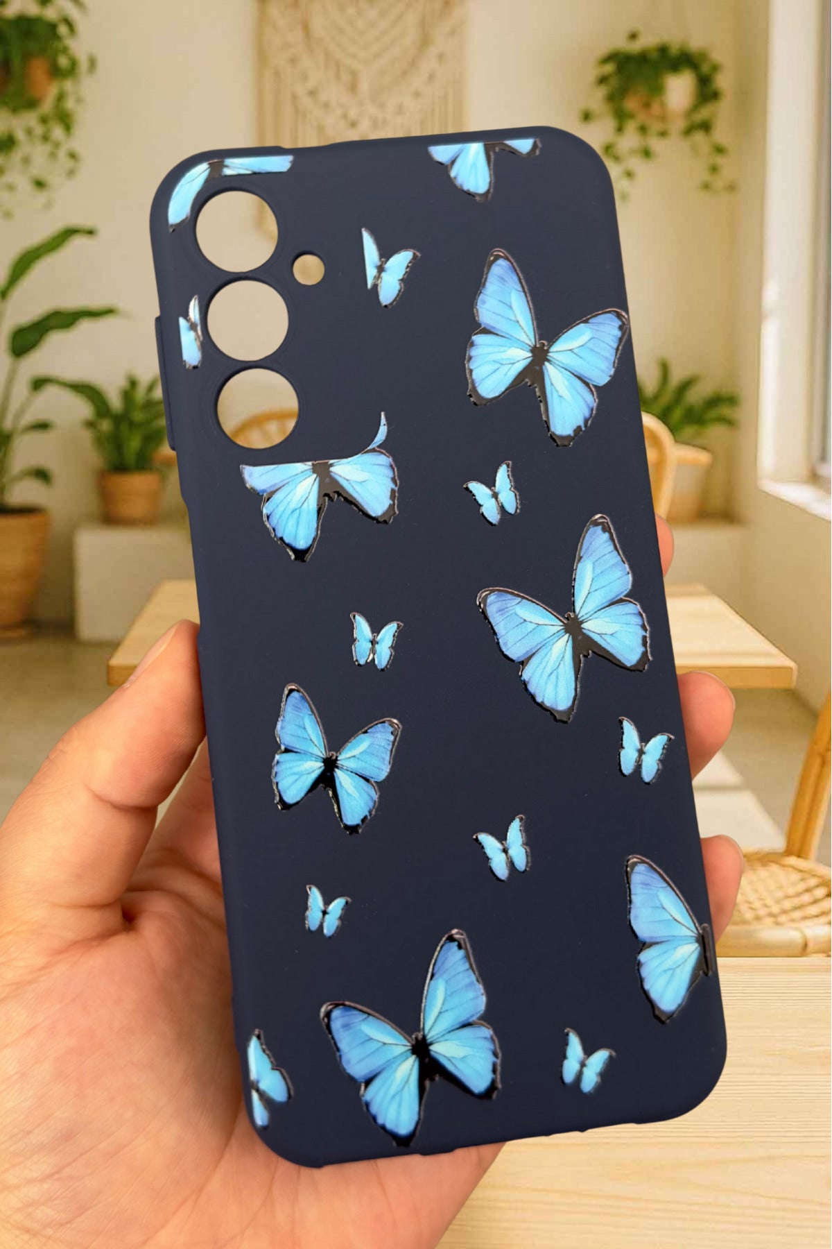 Samsung Galaxy A14 Uyumlu Mavi Kelebek Desenli Silikon Darbe Emici Klasik Korumalı Rubber Kılıf