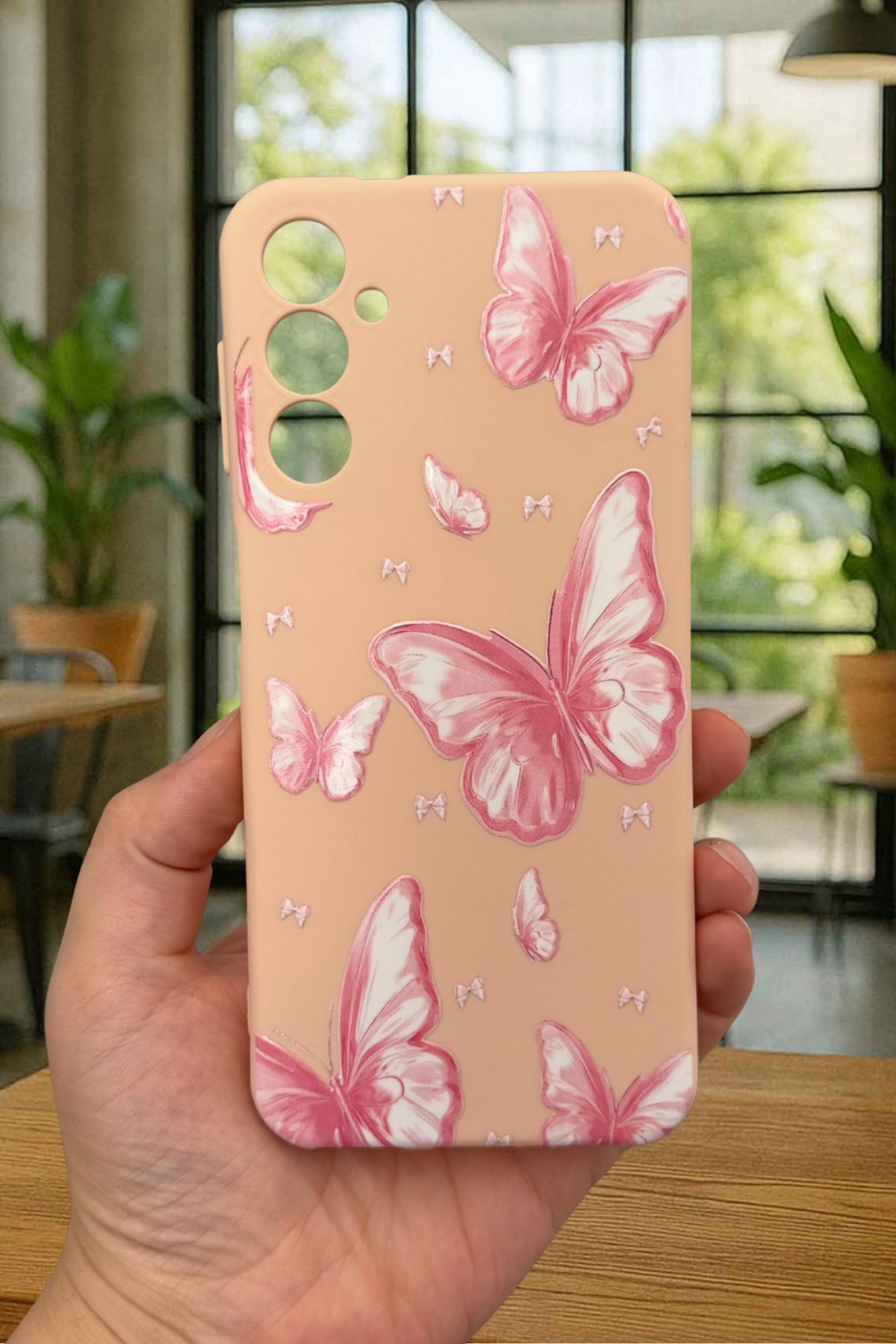 Samsung Galaxy A14 Uyumlu Pembe Kelebek Desenli Silikon Darbe Emici Klasik Korumalı Rubber Kılıf