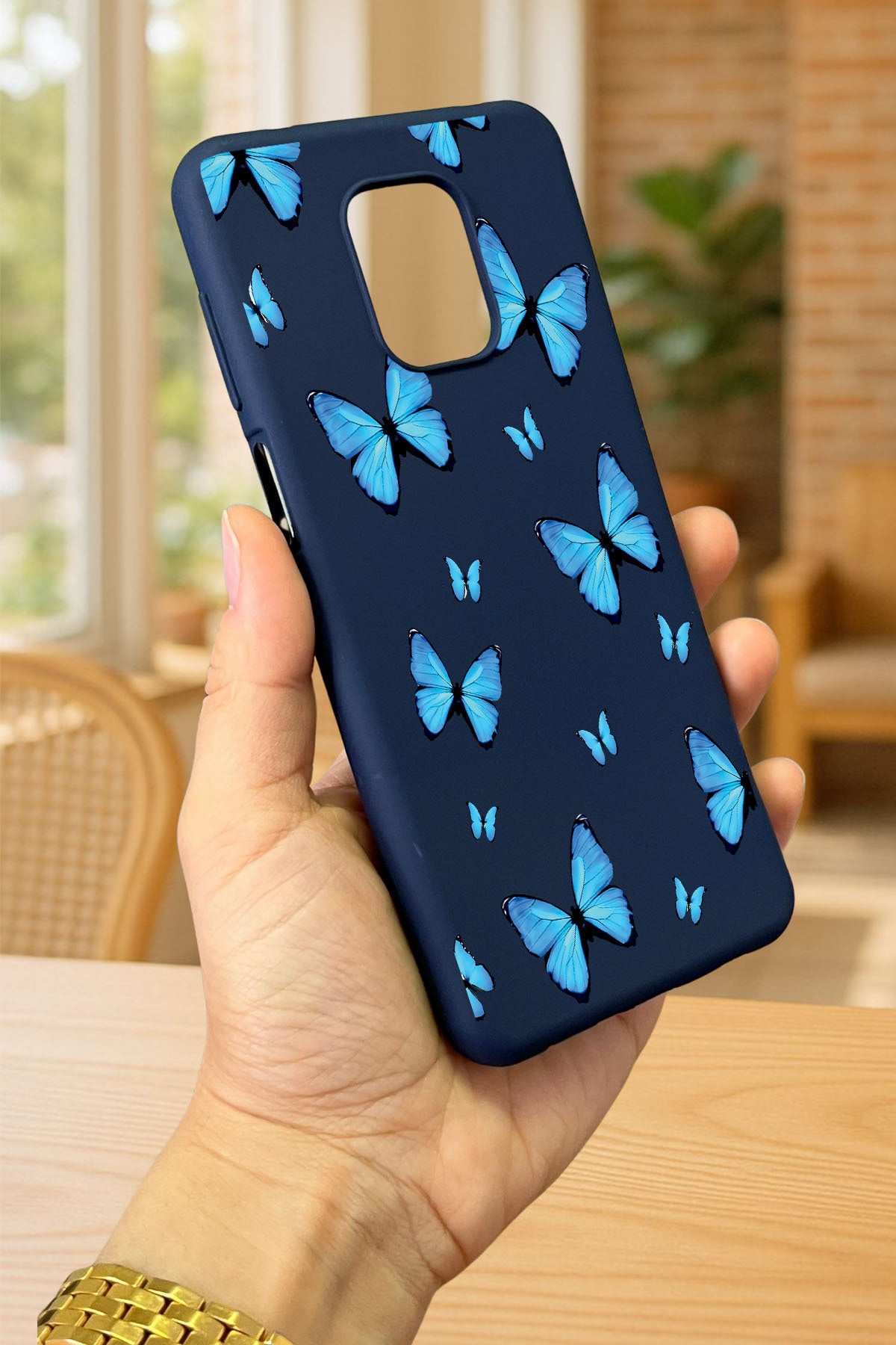 Redmi Note 9 Pro/9S Uyumlu MAVİ KELEBEK DESENLİ Silikon Darbe Emici Klasik Korumalı Rubber Kılıf