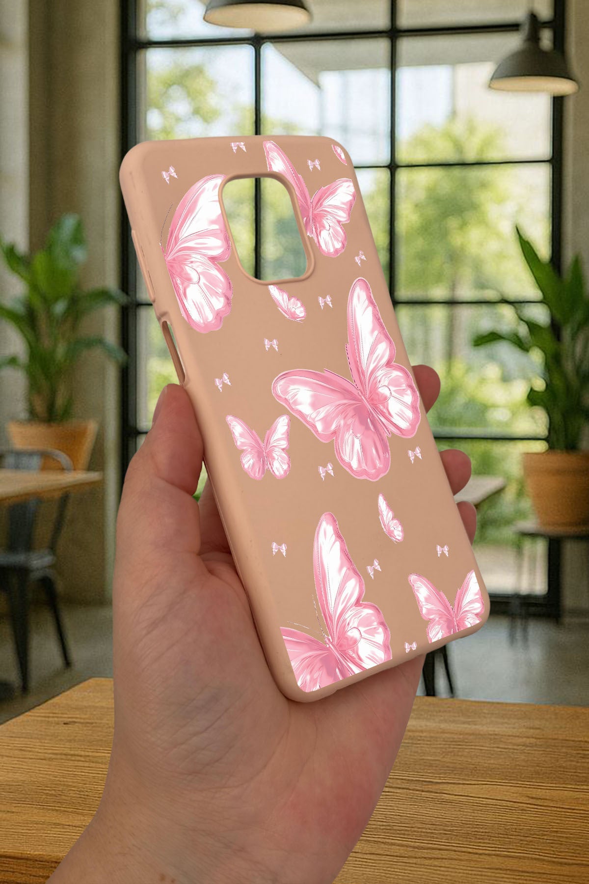 Redmi Note 9 Pro/9S Uyumlu PEMBE KELEBEK DESENLİ Silikon Darbe Emici Klasik Korumalı Rubber Kılıf