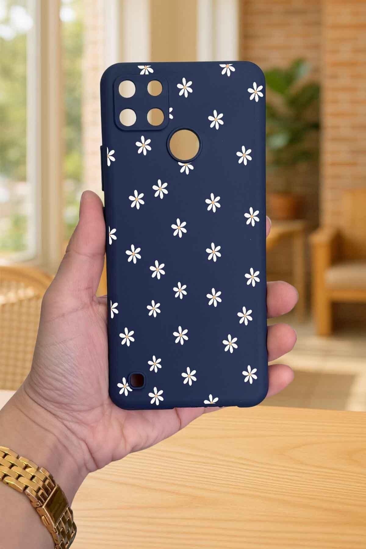 Realme C21Y Ve C25Y -MİNİ PAPATYA DESENLİ Silikon Darbe Emici Klasik Korumalı Rubber Kılıf