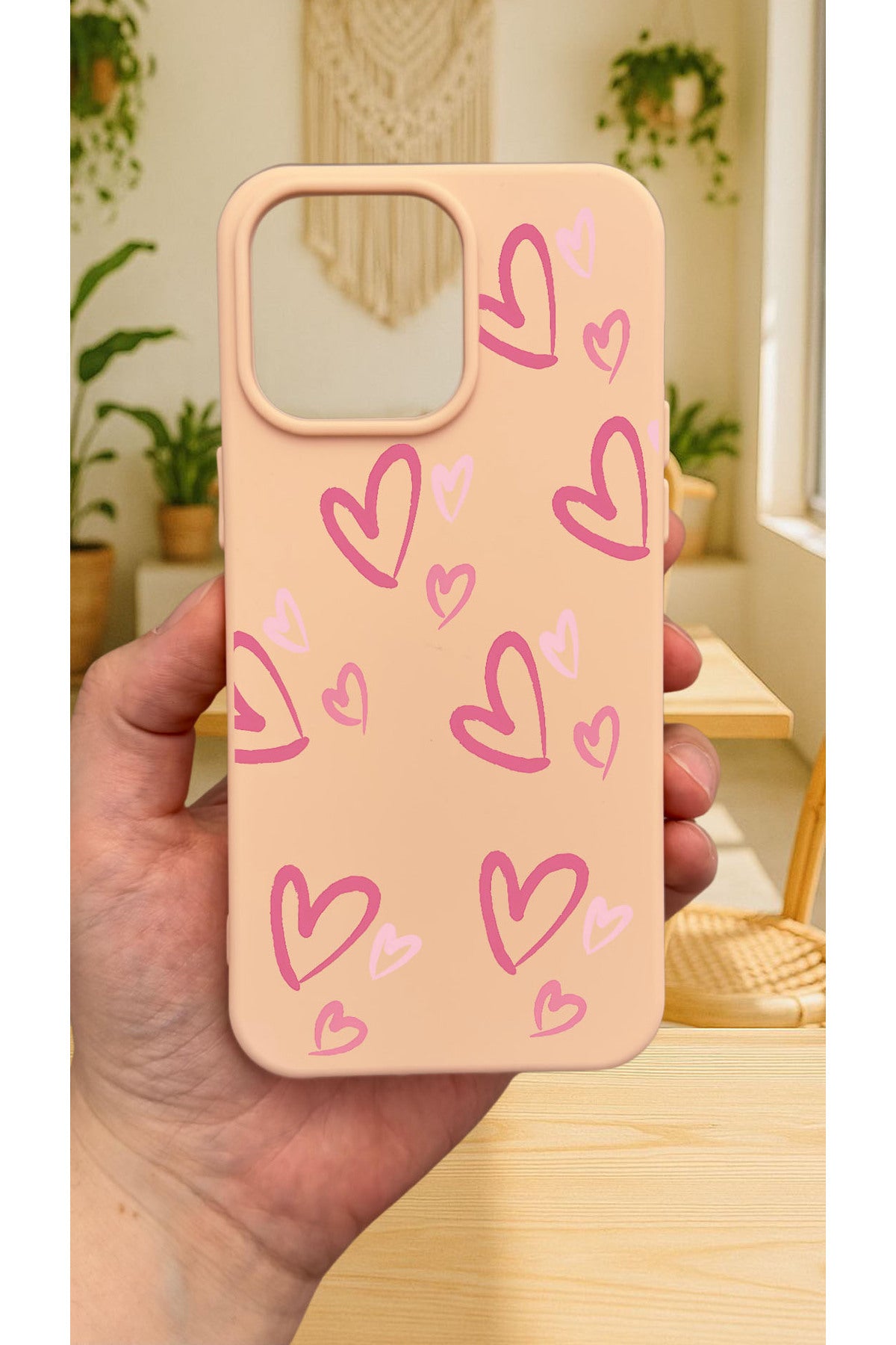 iPhone 15 Pro Max - PEMBE KALP DESENLİ Silikon Darbe Emici Klasik Korumalı Rubber Kılıf