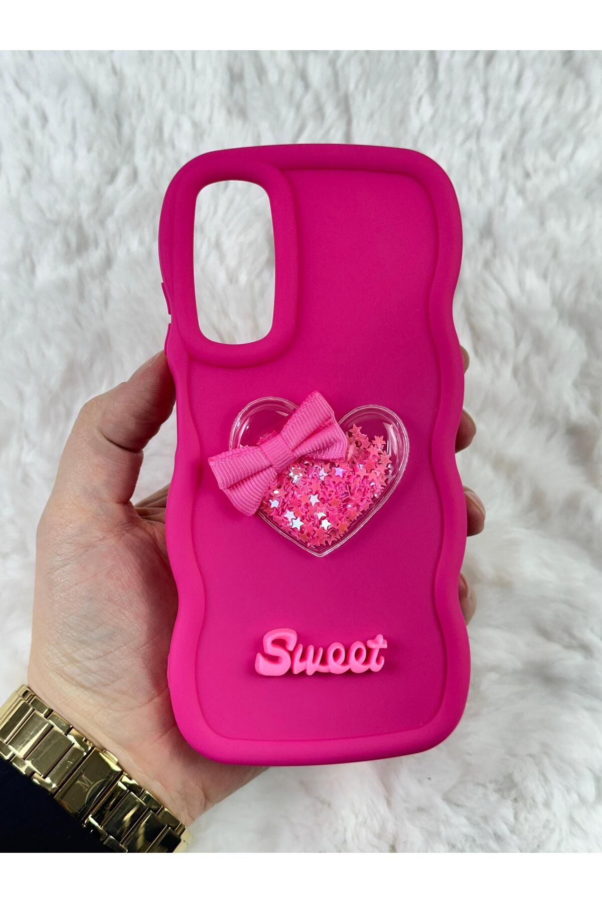 Samsung Galaxy A05s Renkli Kalp Kurdele Detaylı Simli Dalgalı Sweety Kılıf