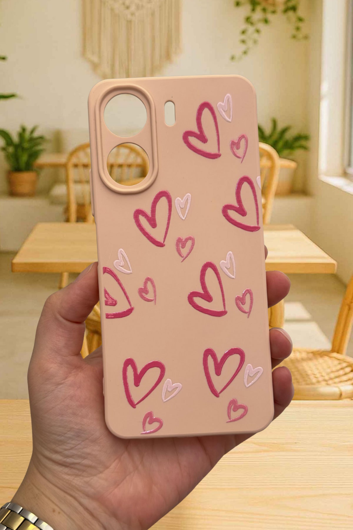 REDMİ 13C- PEMBE KALP DESENLİ Lansman Kamera Korumalı Yumuşak Silikon RUBBER Kılıf