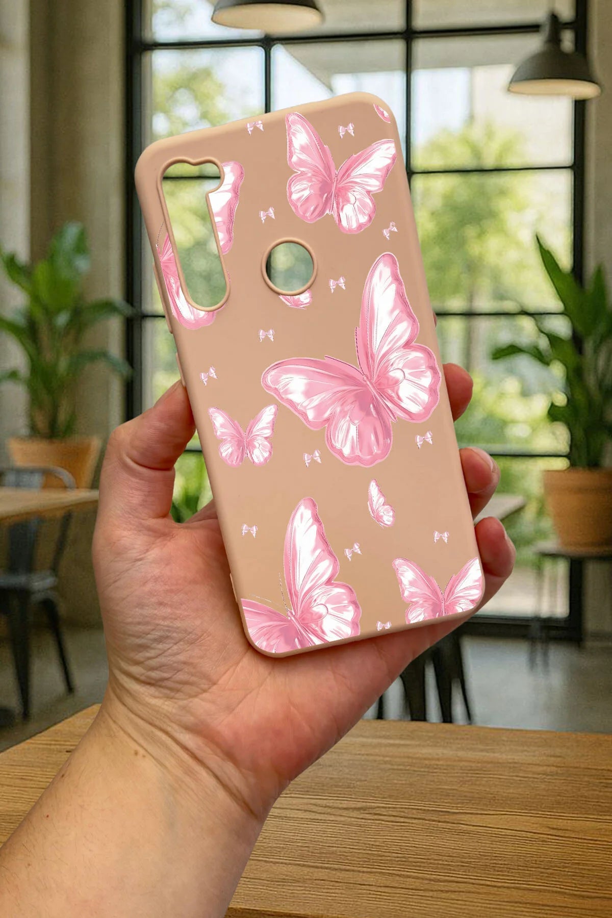 Xiaomi Redmi Note 8 PEMBE KELEBEK DESENLİ Silikon Darbe Emici Klasik Korumalı Rubber Kılıf