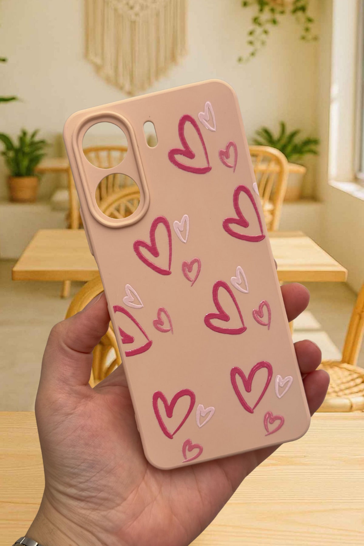 REDMİ 13C- PEMBE KALP DESENLİ Lansman Kamera Korumalı Yumuşak Silikon RUBBER Kılıf