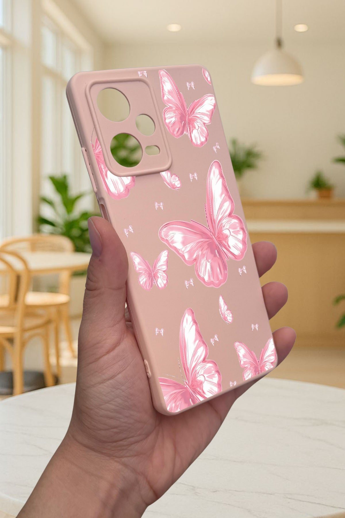 Redmi Note 12 Pro 5G PEMBE KELEBEK DESENLİ Silikon Darbe Emici Klasik Korumalı Rubber Kılıf