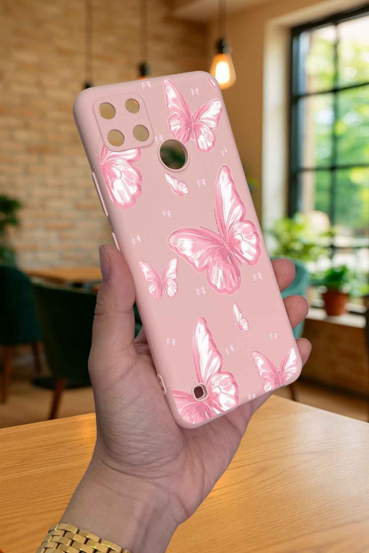 Realme C21Y Ve C25Y -PEMBE KELEBEK DESENLİ Silikon Darbe Emici Klasik Korumalı Rubber Kılıf