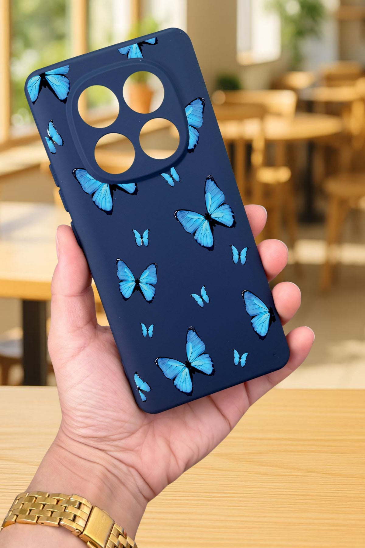 Xiaomi Redmi Note 14 Pro 5G MAVİ KELEBEK DESENLİ Silikon Darbe Emici Klasik Korumalı Rubber Kılıf